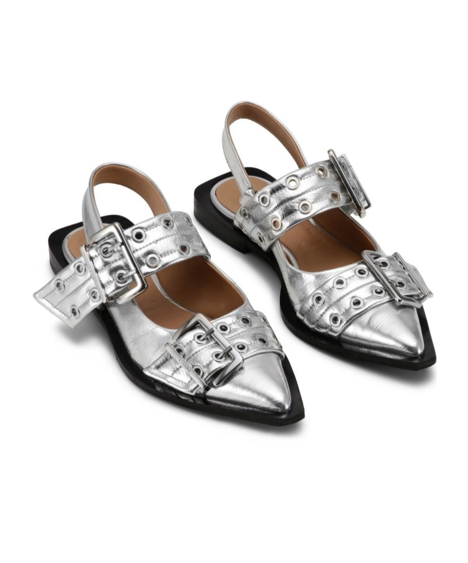 Ganni Buckle Metallic Ballerinas In Gray