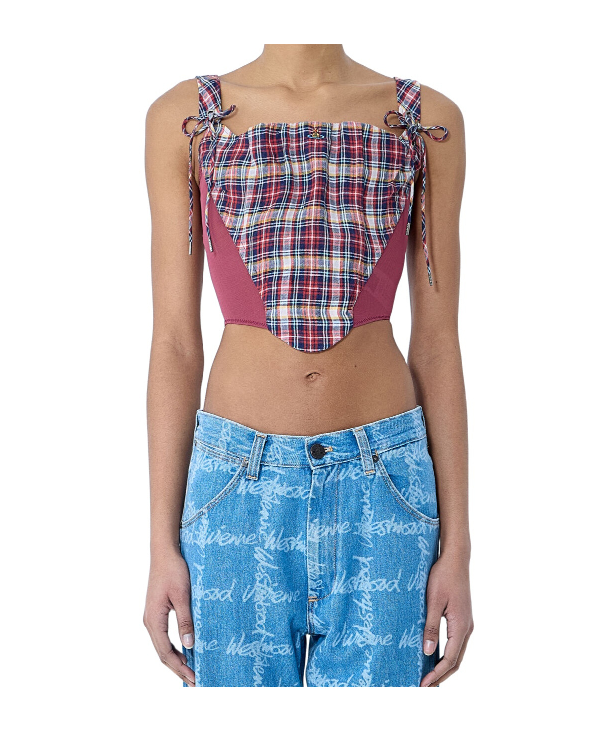 Vivienne Westwood Puppy Mesh-trimmed Checked Linen And Cotton-blend Bustier Top In Multicolor