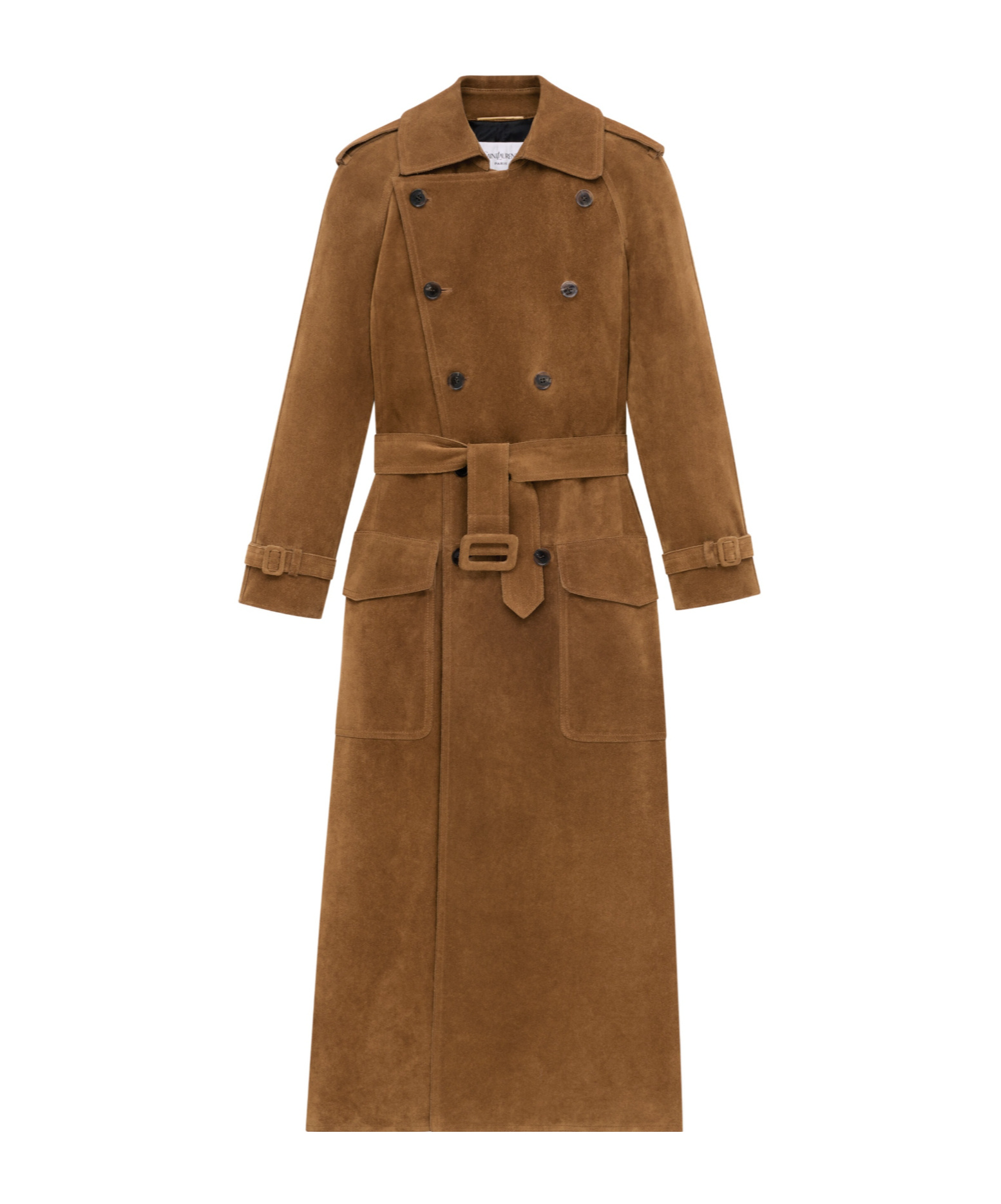 Saint Laurent Double Breasted Belted Trench Coat In Brown
