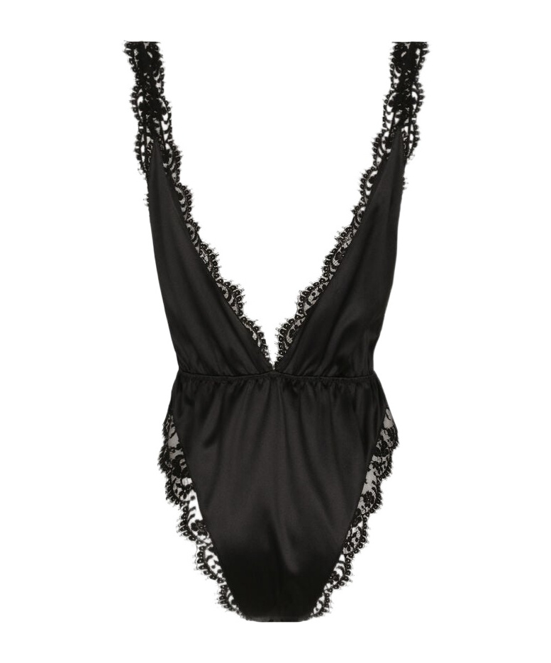 Dolce & Gabbana Lace-trimmed Silk-blend Satin Bodysuit In Black