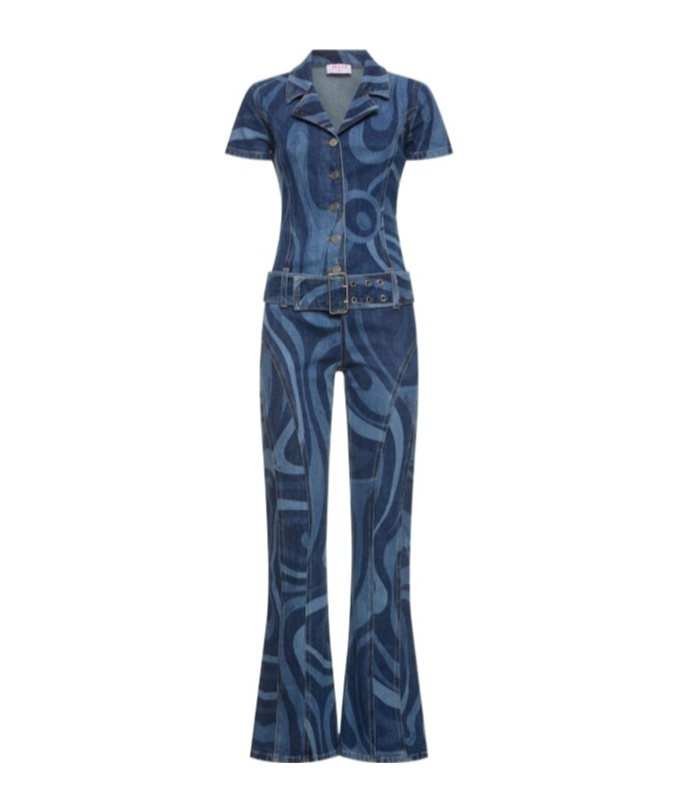 Pucci Printed Denim Long-sleeve Jumpsuit