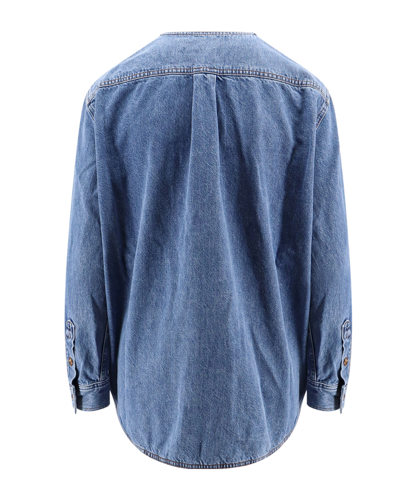 Shop Totême Collarless Denim Shirt In Blue