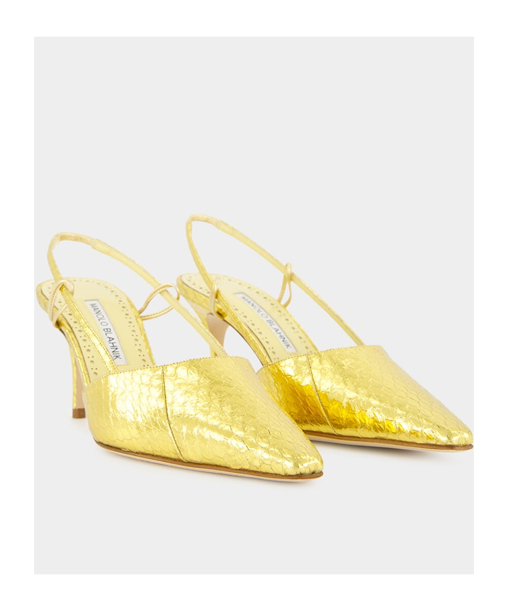 Manolo Blahnik Touki 70 Metallic Elaphe Slingback Pumps In Gold