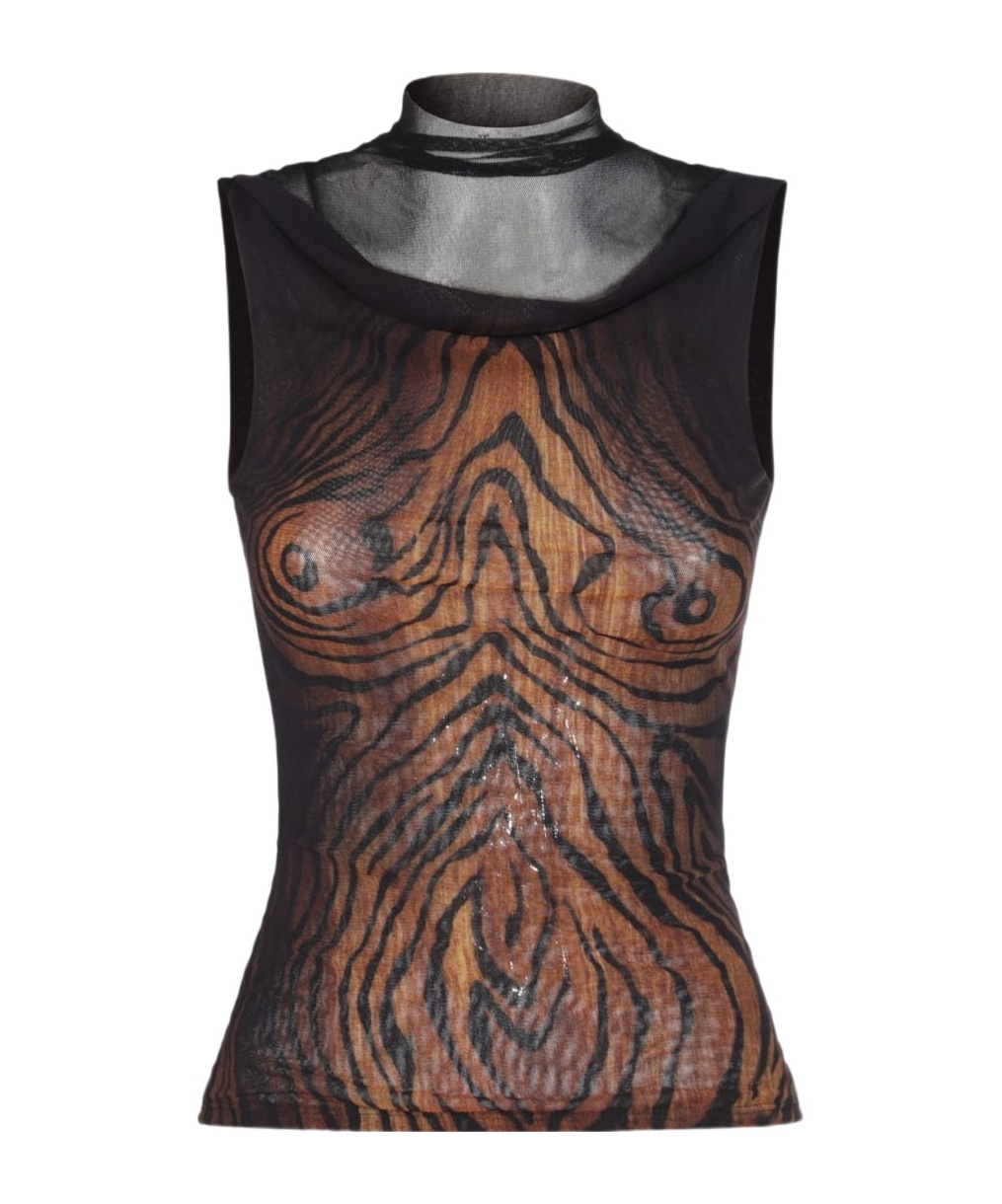 Jean Paul Gaultier Sleeveless Animal Print High Neck Sheer Top In Black