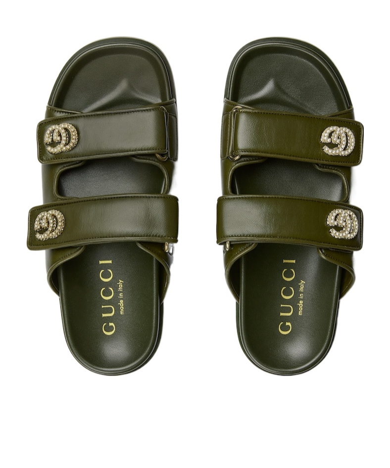 Gucci Crystal Double Strap Flat Sandals In Green