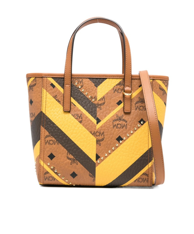 Mcm Chevron-pattern Studded Tote Bag In Brown