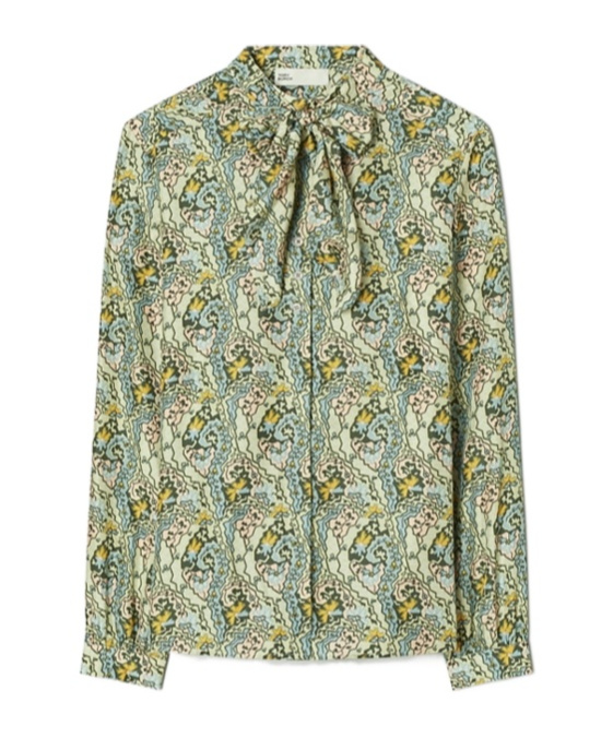 Tory Burch Paisley-print Bow Blouse In Green