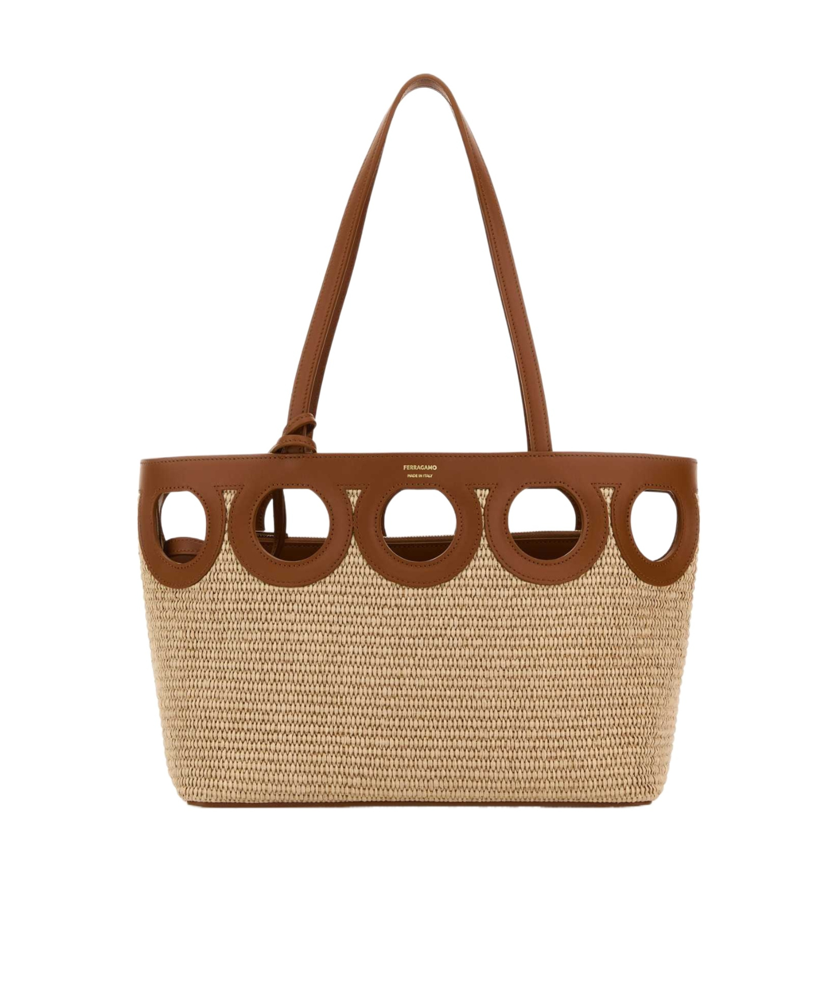 Ferragamo Circular Cutout Woven Raffia Shoulder Bag In Brown