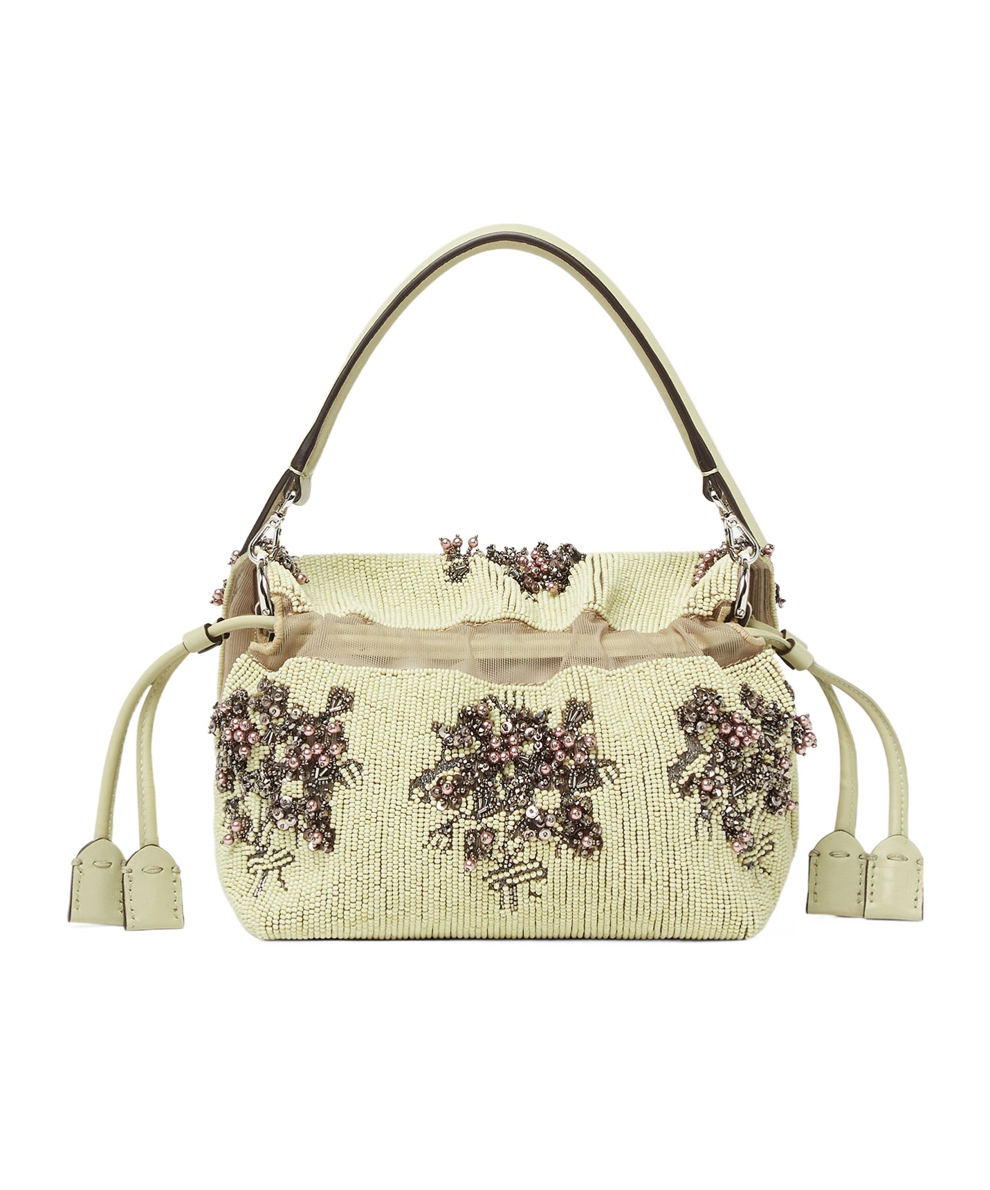 Fendi Mamma Baguette Small Sage Green Flower Bouquet Embroidered Mini-bag In Gray-green