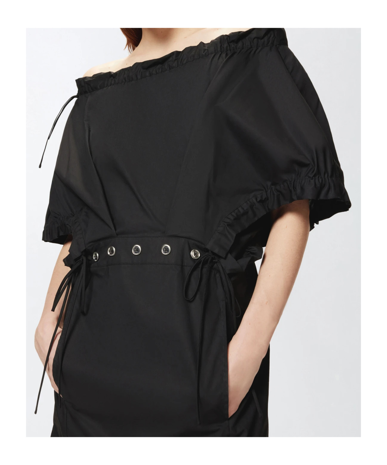 Pinko Poplin Mini Dress With Gathering And Eyelets In Black