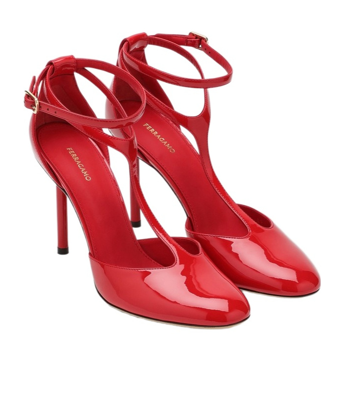 Ferragamo Lysandra 95 T-strap Pumps In Patent Leather In Red