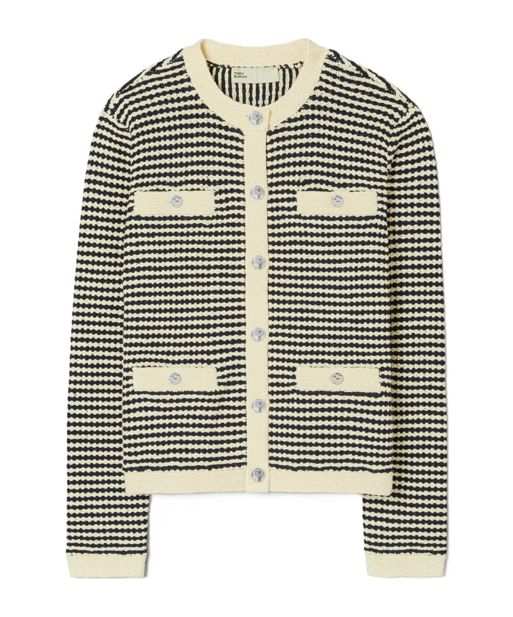 Tory Burch Kendra Contrasting-trim Striped Cardigan In Neutral