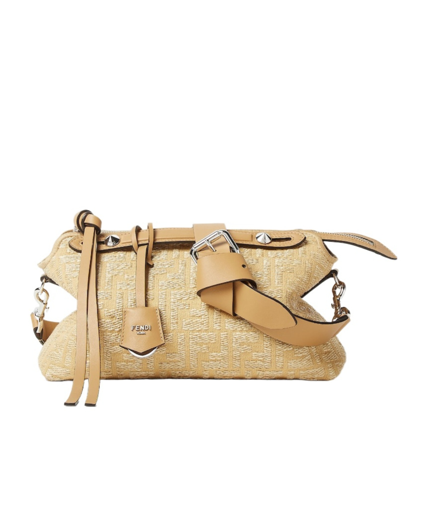 Shop Fendi Jacquard Fabric Bag With Raffia Ff In Beige