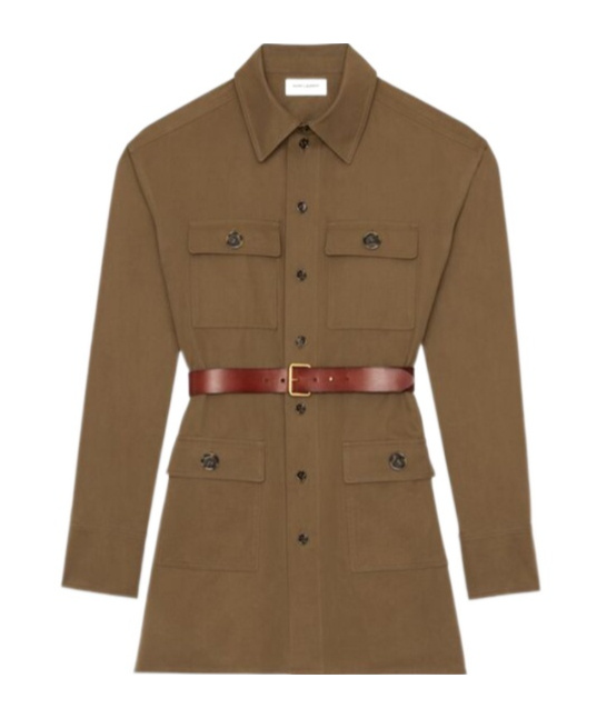 Saint Laurent Camel Brown Saharienne Belted Shirt In Green