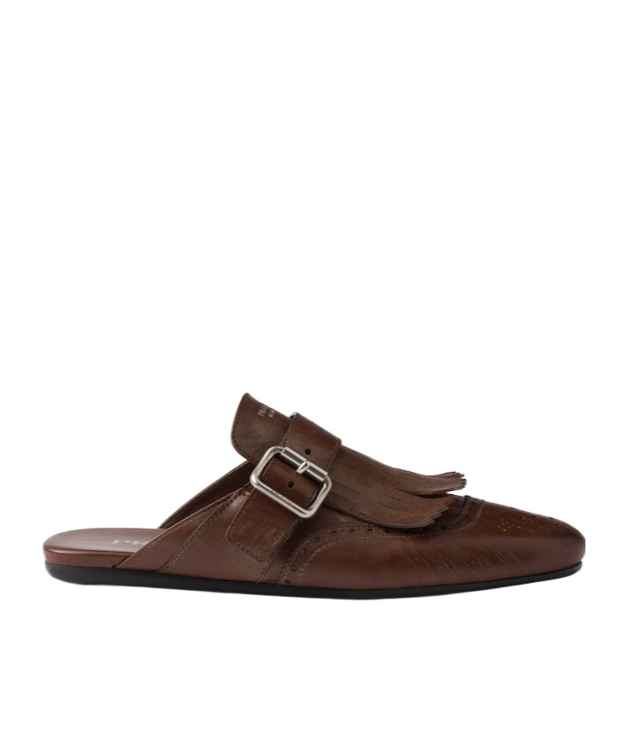 Prada Cognac Leather Shuffle Fringed Mules In Brown