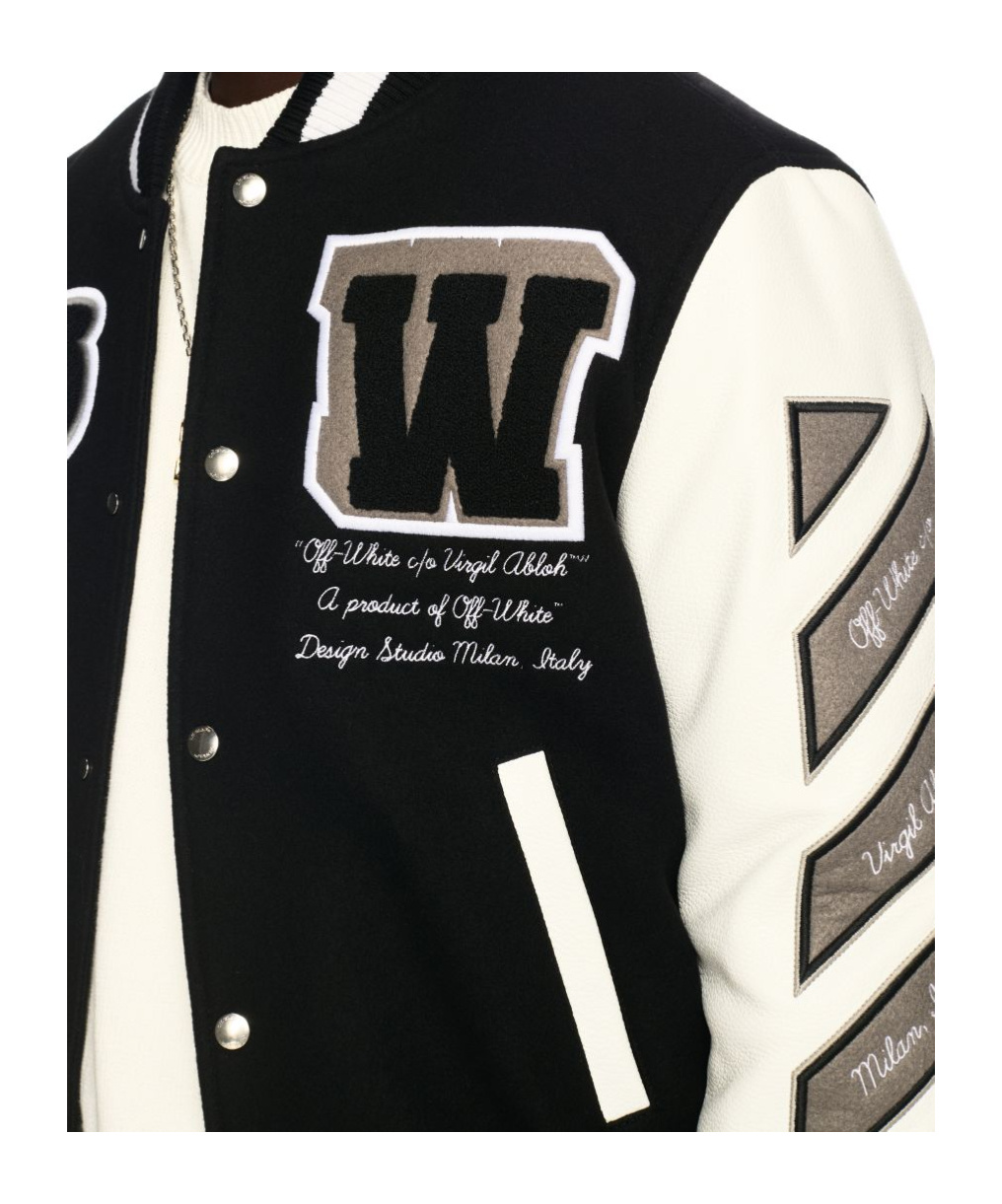 Off-white Leather And Wool Varsity Bomber In Black