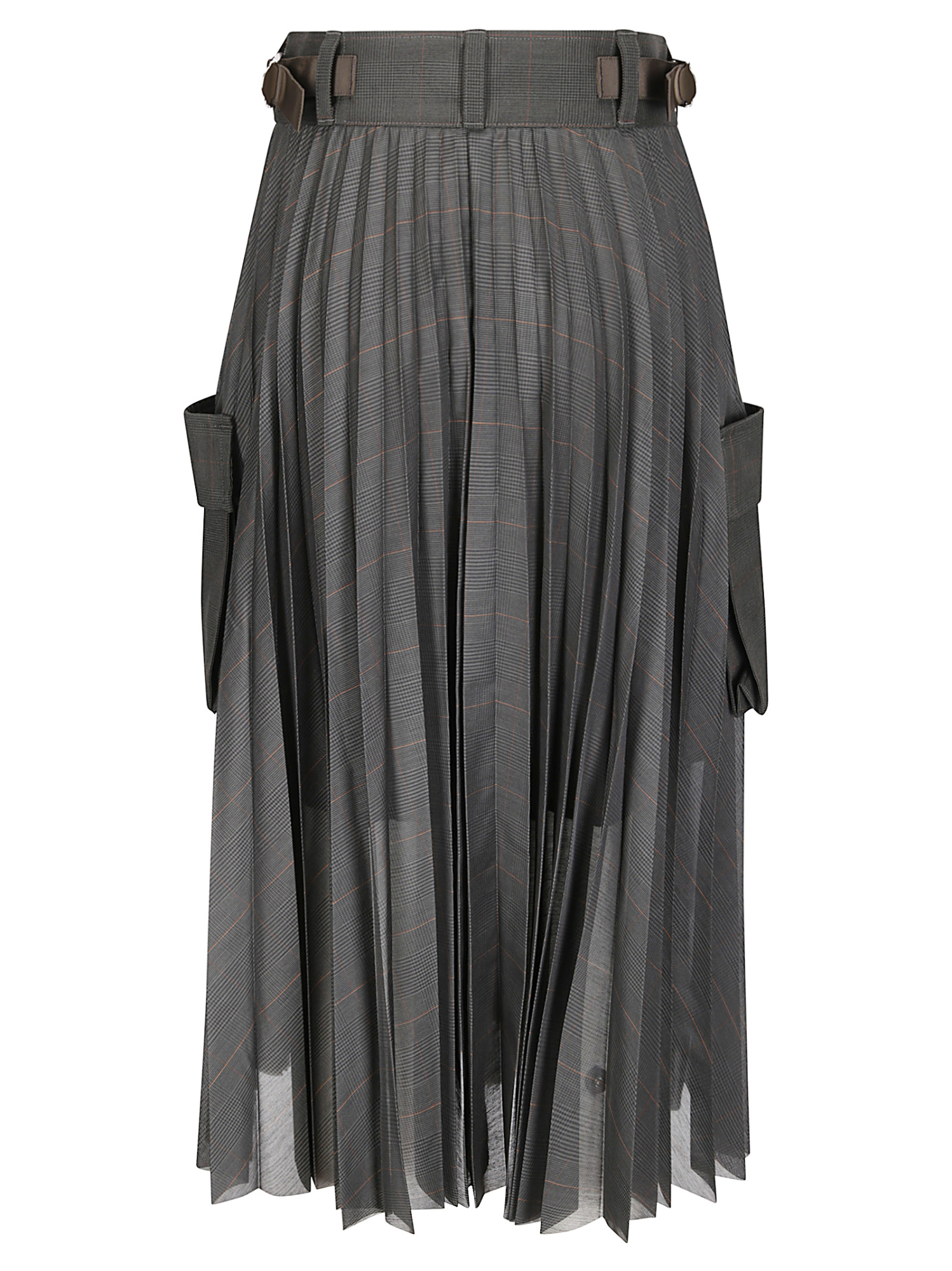 Sacai Glen Pleated Check Pocket Midi Skirt In Black