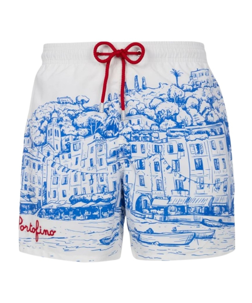 Mc2 Saint Barth Man Mid-length Gustavia Swim-shorts With Portofino Placed Print In Blue