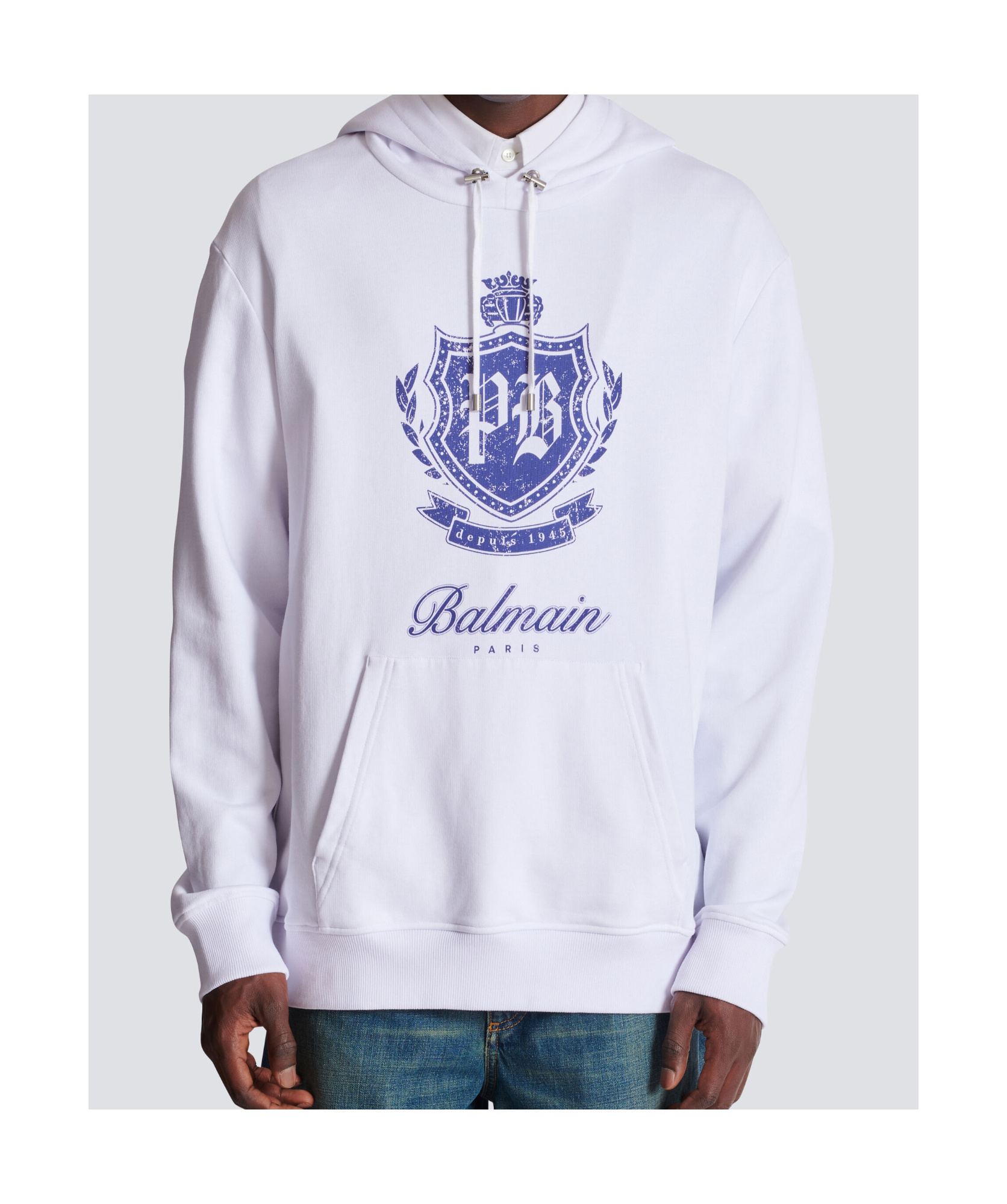 Balmain Hooded Sweater Kangaroo Pocket In White