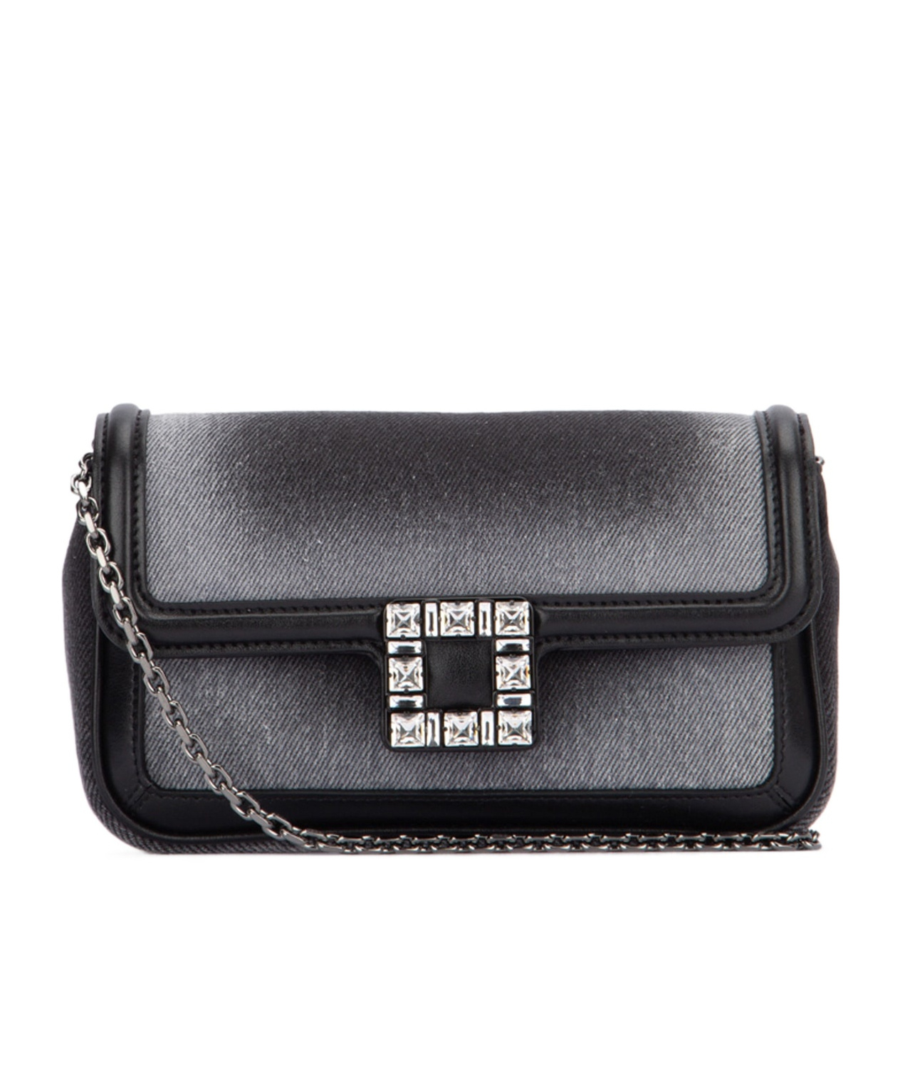 Roger Vivier Embellished Foldover Top Denim Shoulder Bag In Black