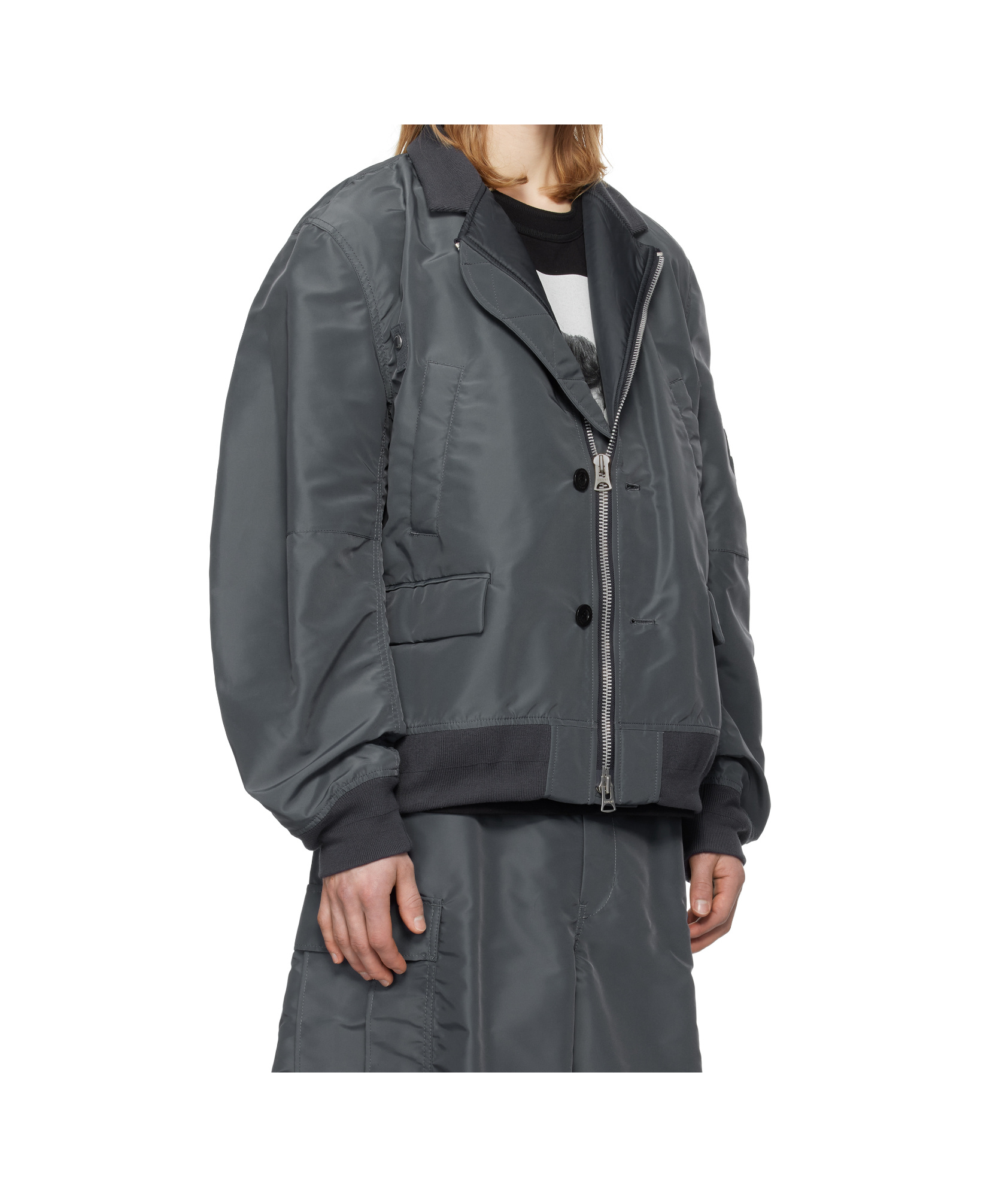 Sacai Blue Nylon Twill Bomber Jacket In Black