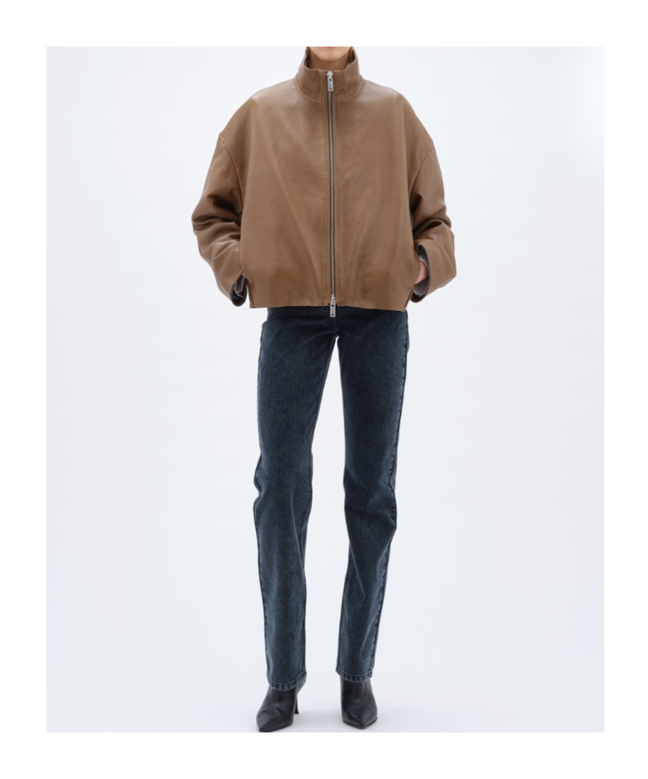 Remain Birger Christensen Stand Collar Zipper Leather Jacket In Brown