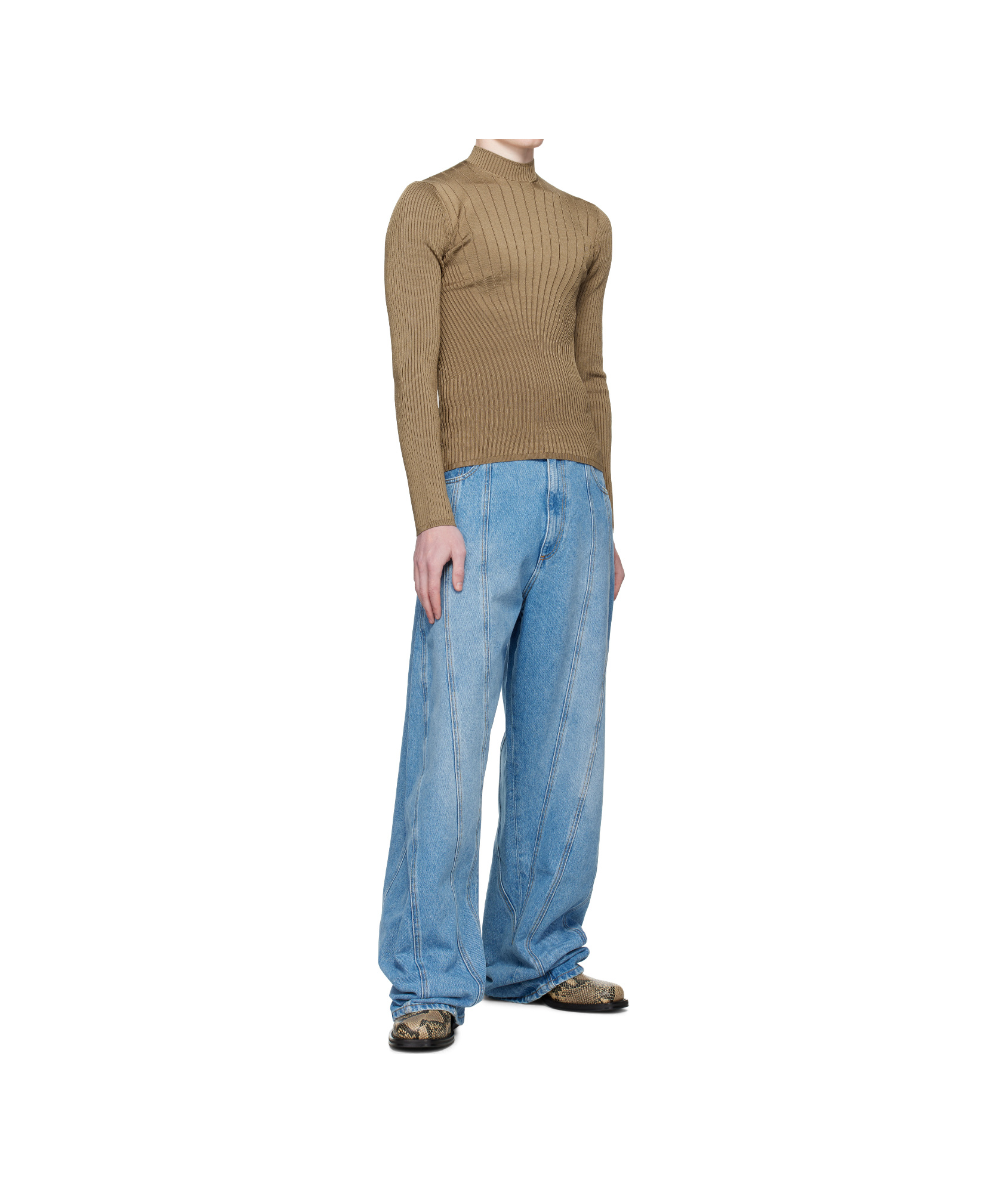 Mugler Water-washed Large-scale Spiral Denim Jeans In Blue
