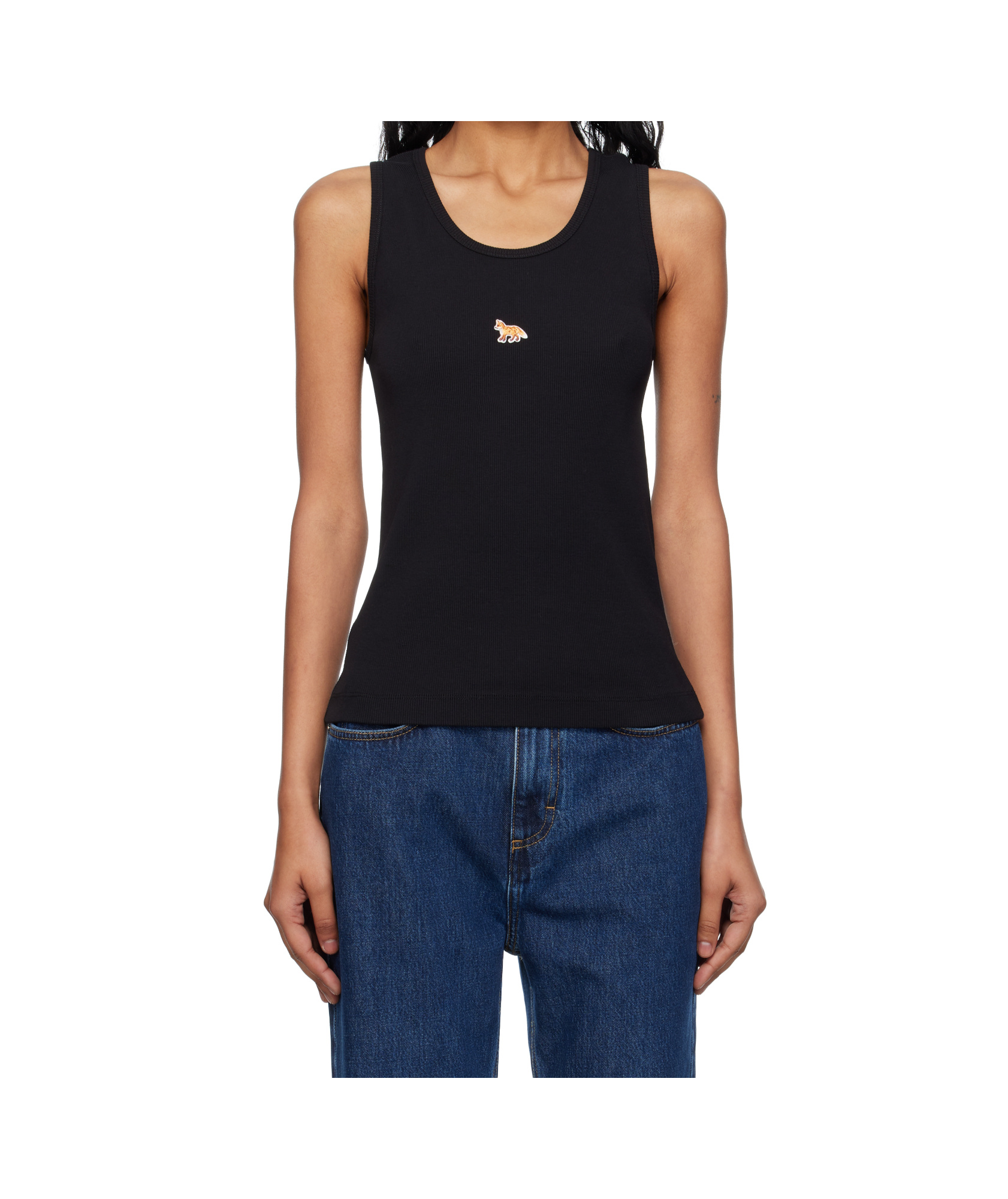 Maison Kitsuné Black Top With Ribbed Design And Baby Fox Embroidered On The Front In Cotton Woman In Black