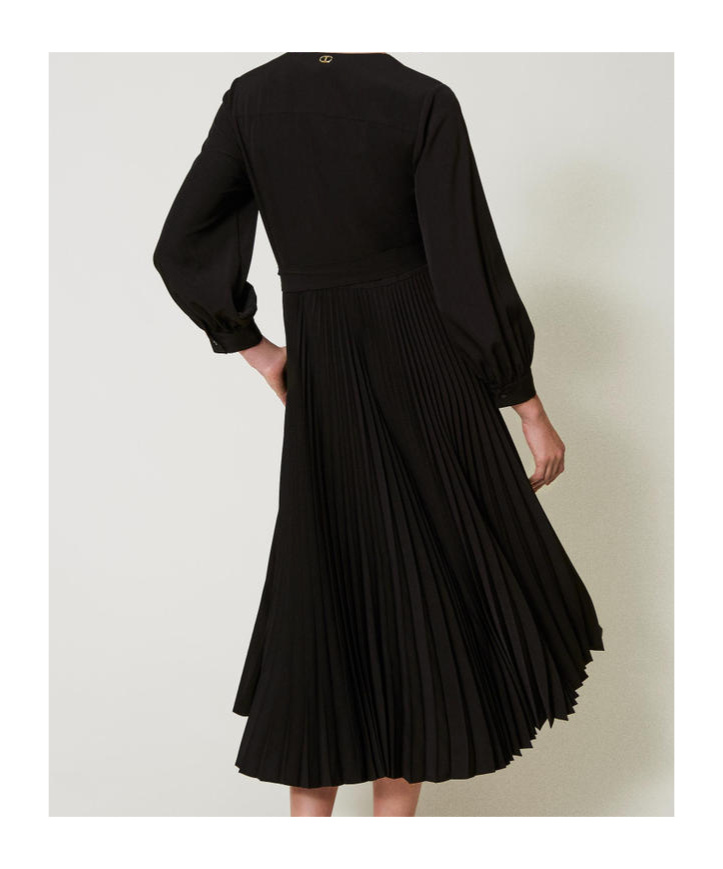 Shop Twinset Pleated Crepe Midi Dress In Black