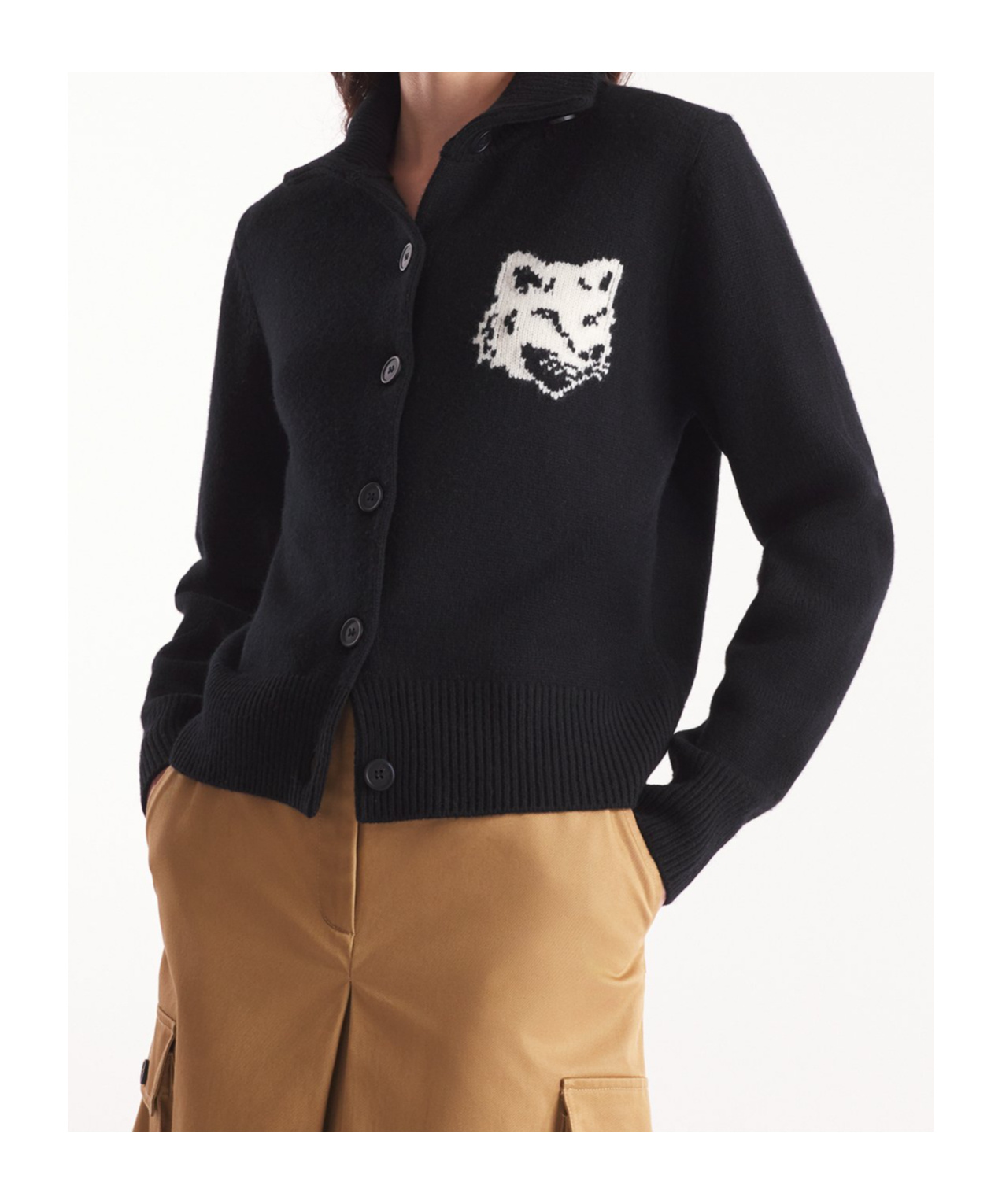 Shop Maison Kitsuné Fox Head-intarsia High-neck Cardigan In Black