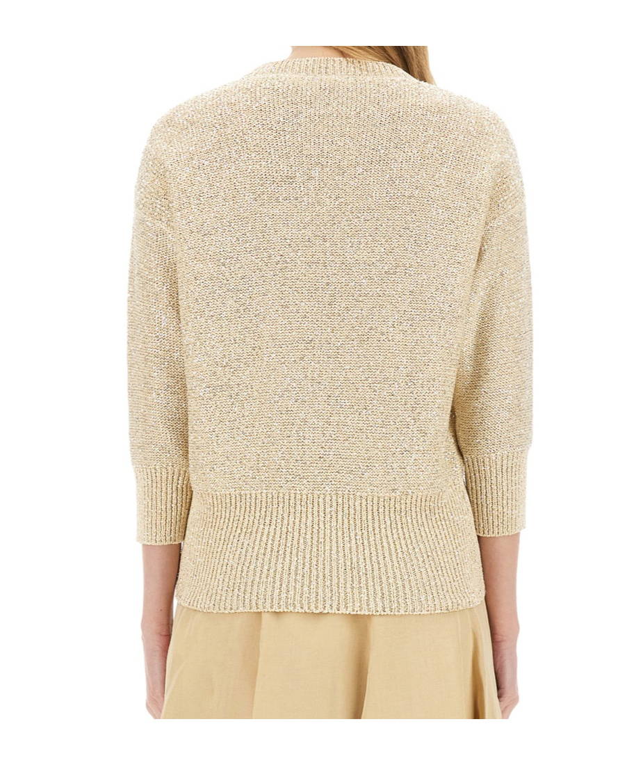 Fabiana Filippi Three-quarter Sleeve Cotton Jersey Top With Ribbed Hem In Beige