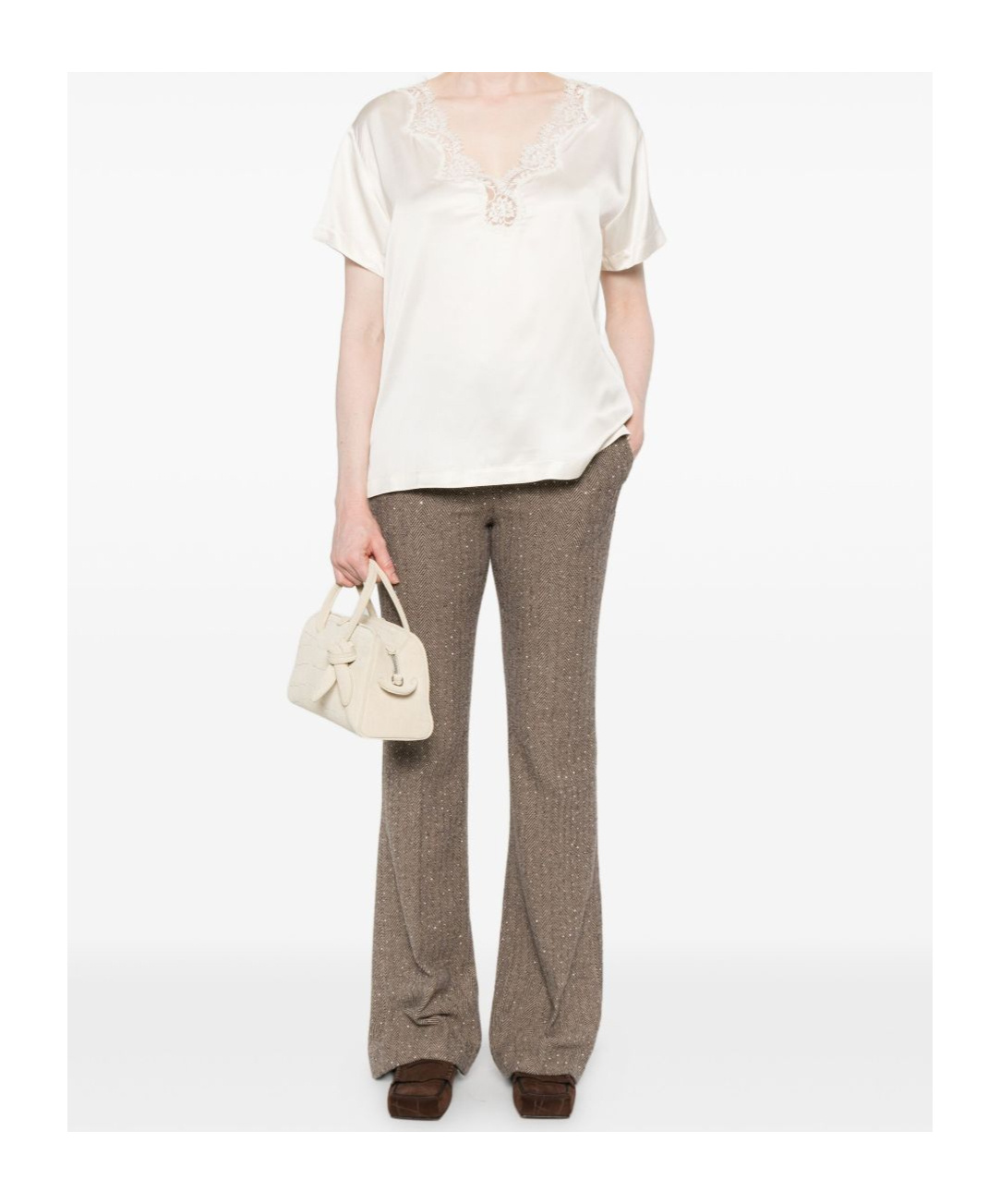 Ermanno Firenze Satin V Neck Lace Trim Top In White
