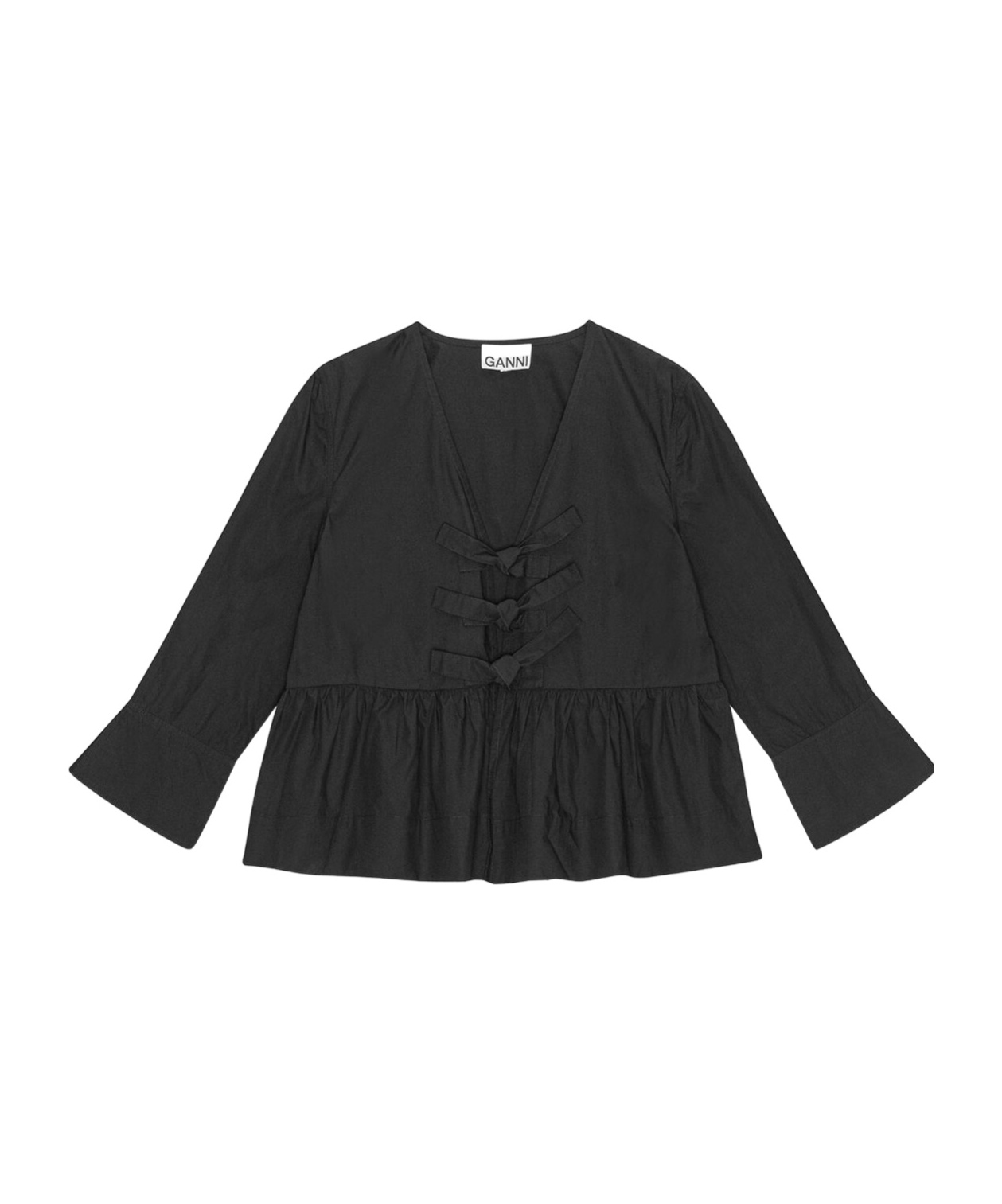 Ganni Long Sleeve Cotton Poplin Tie String Peplum Blouse In Black