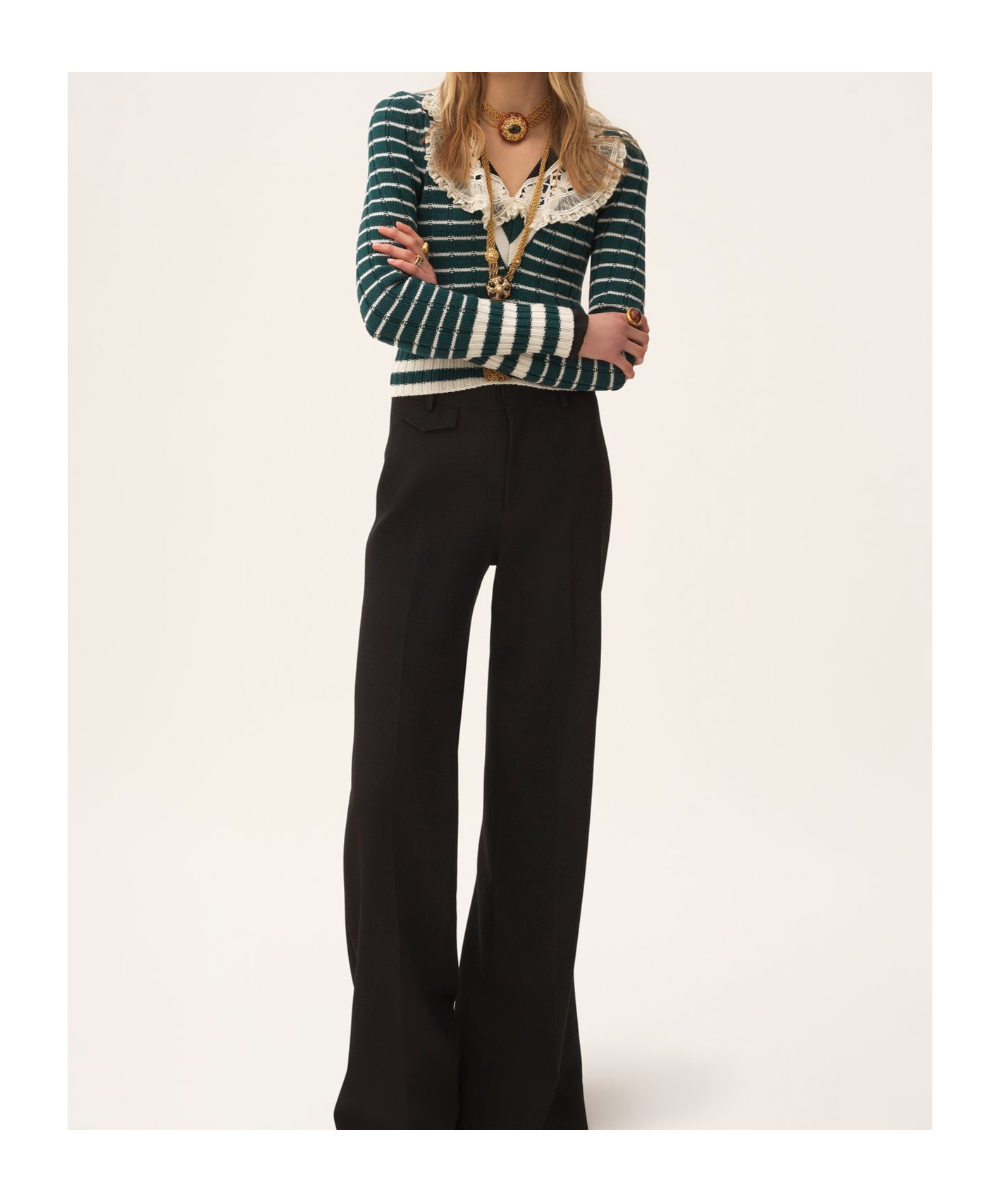 Chloé Striped Ribbed Knit Jumper Lace Detail In Green