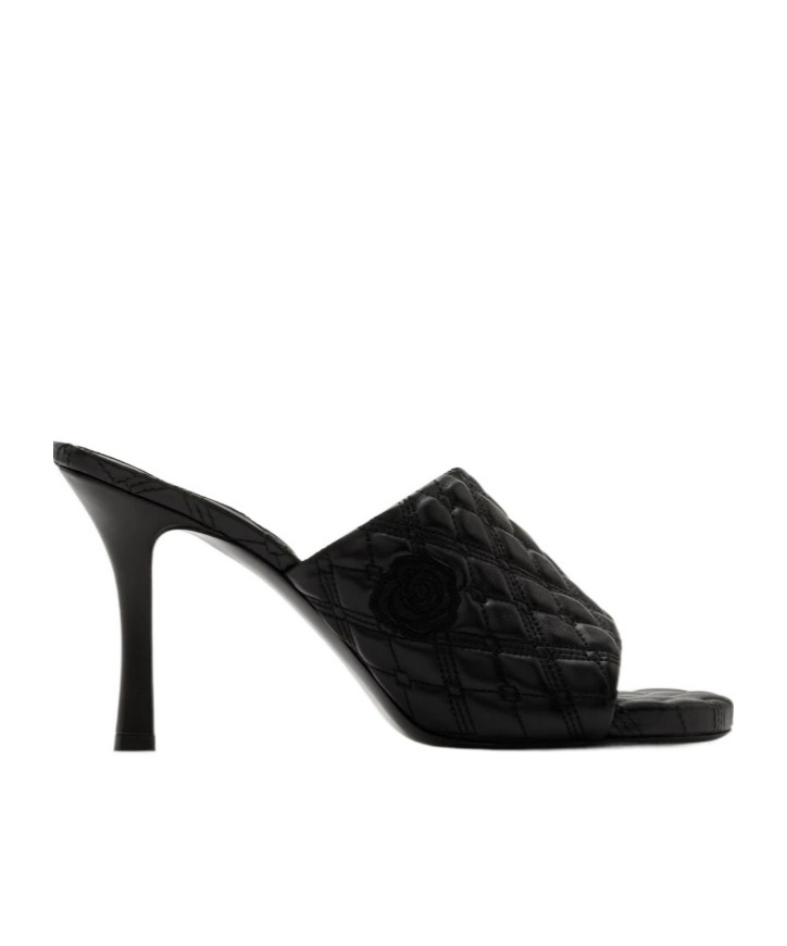 Burberry Quilted Leather Rose Mule Sandals In Black