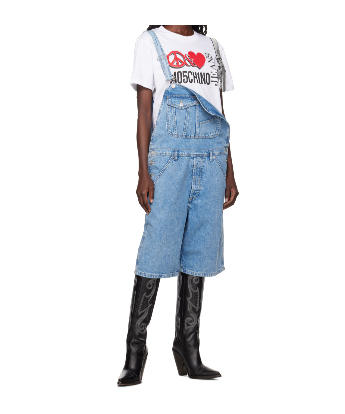 MOSCHINO SQUARE NECK DENIM OVERALLS