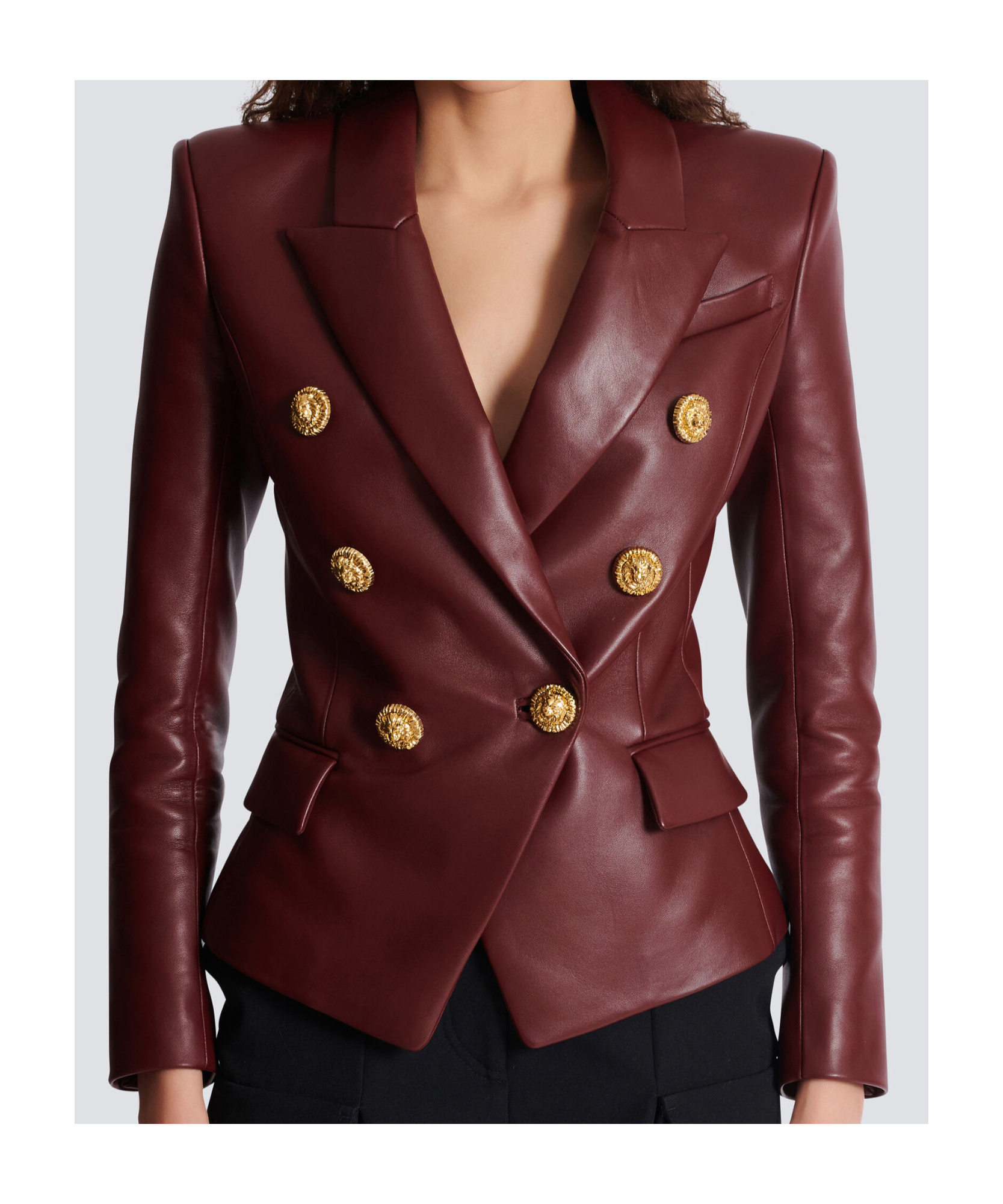 Balmain Double-breasted Lambskin Leather Blazer In Brown