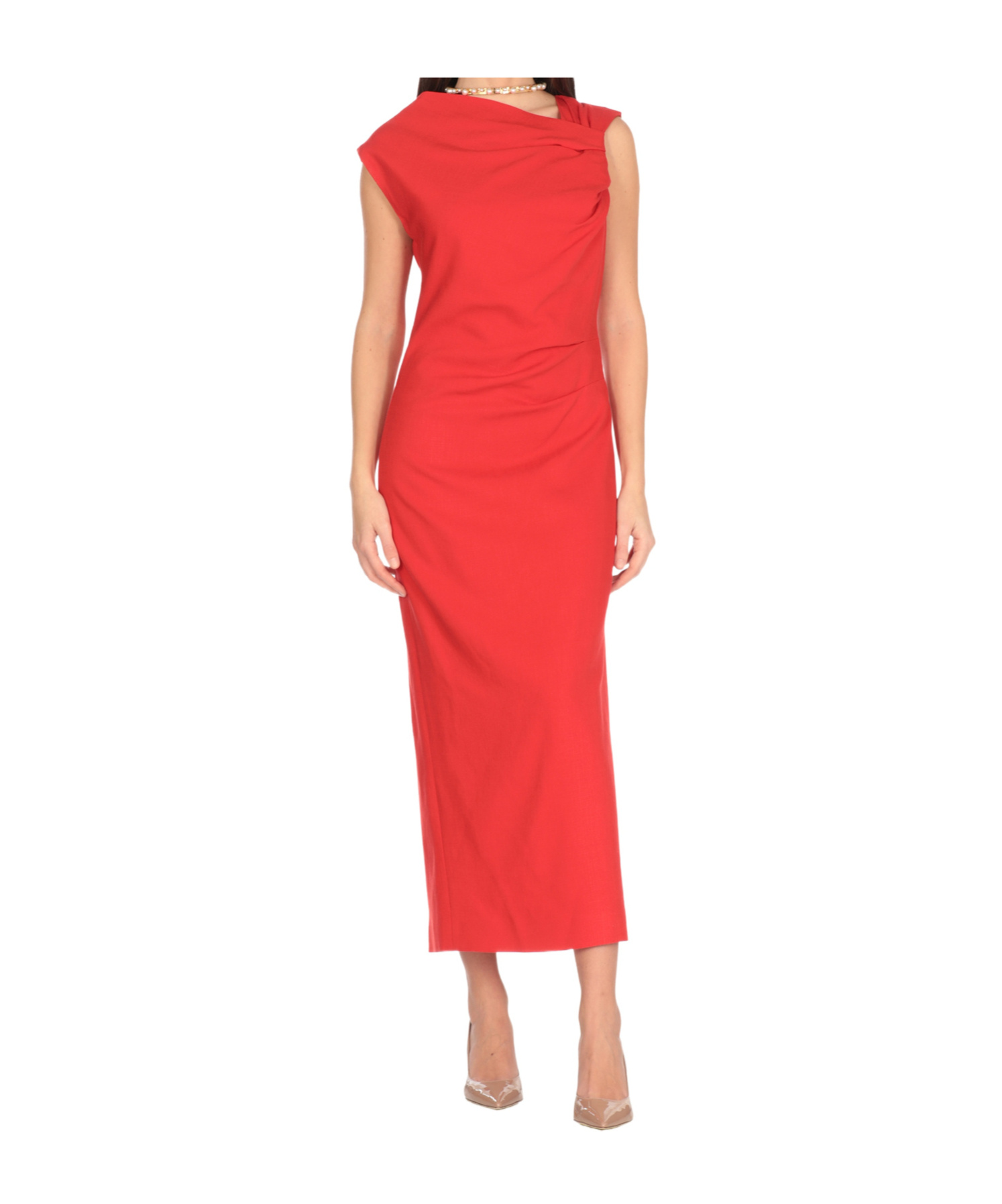 Msgm Canvas Draped Midi Dress In Red