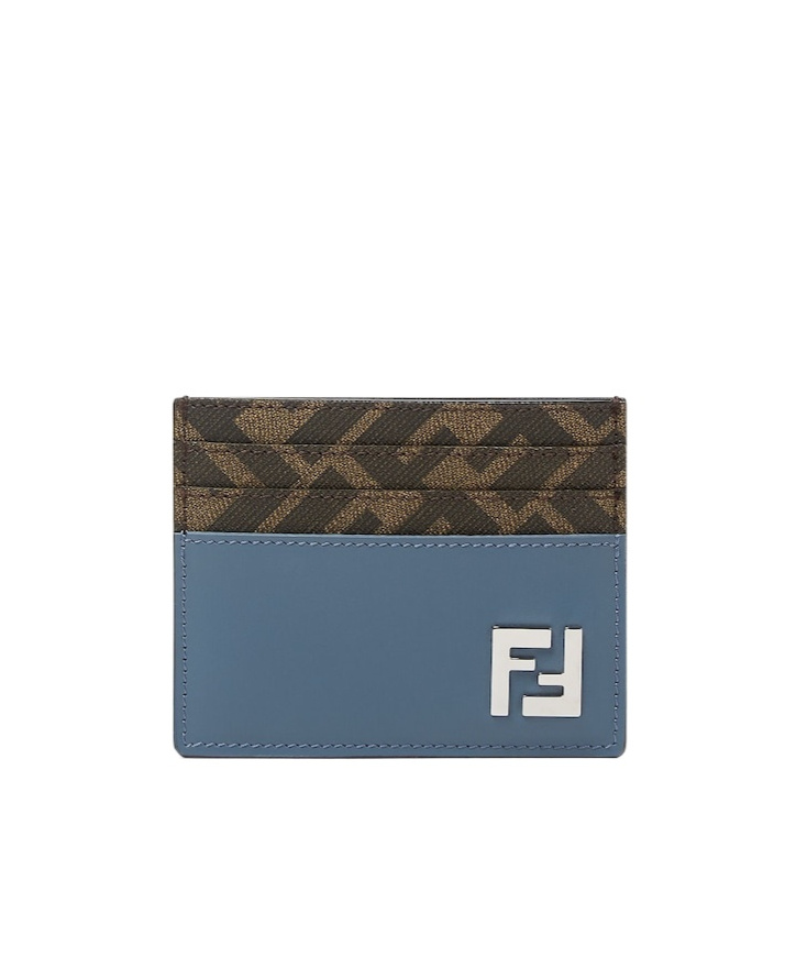 Fendi Dual Tone Leather And Canvas Cardholder In Blue