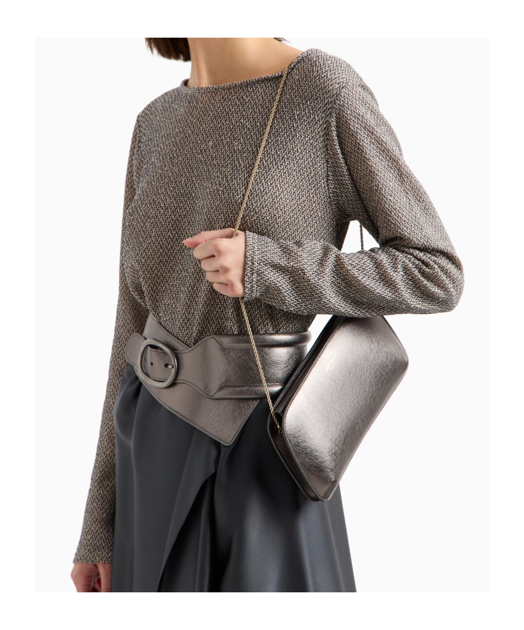 Giorgio Armani Logo Metallic Leather Clutch In Gray