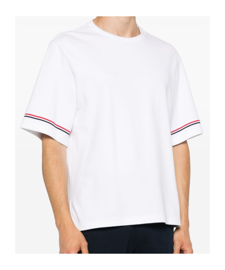 Thom Browne White Crewneck T-shirt With Rwb Detail On Neck And Sleeve In White