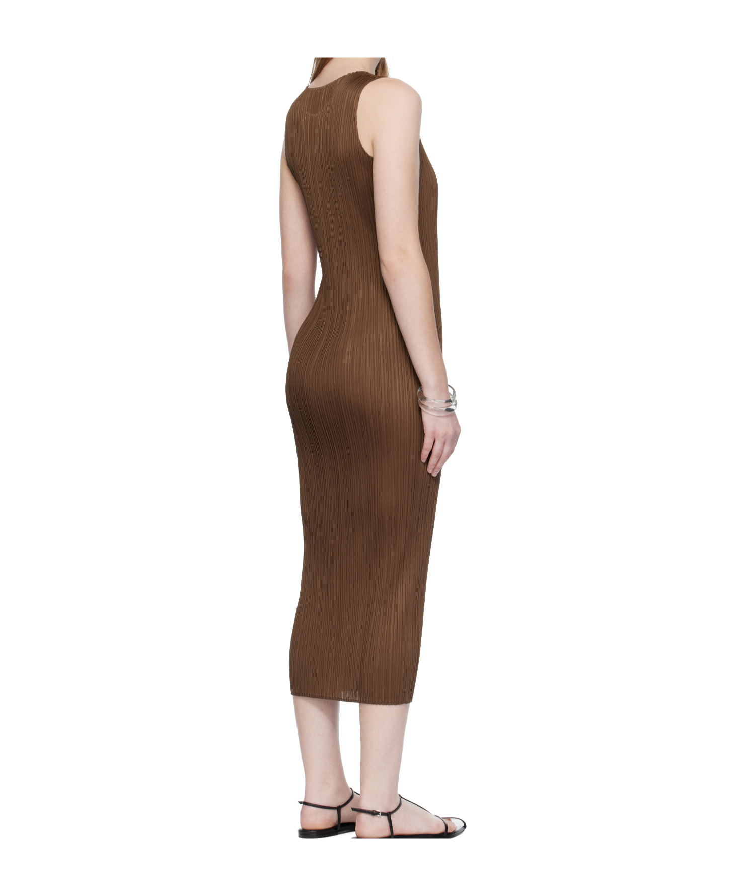 Issey Miyake Pleated Midi Dress In Brown
