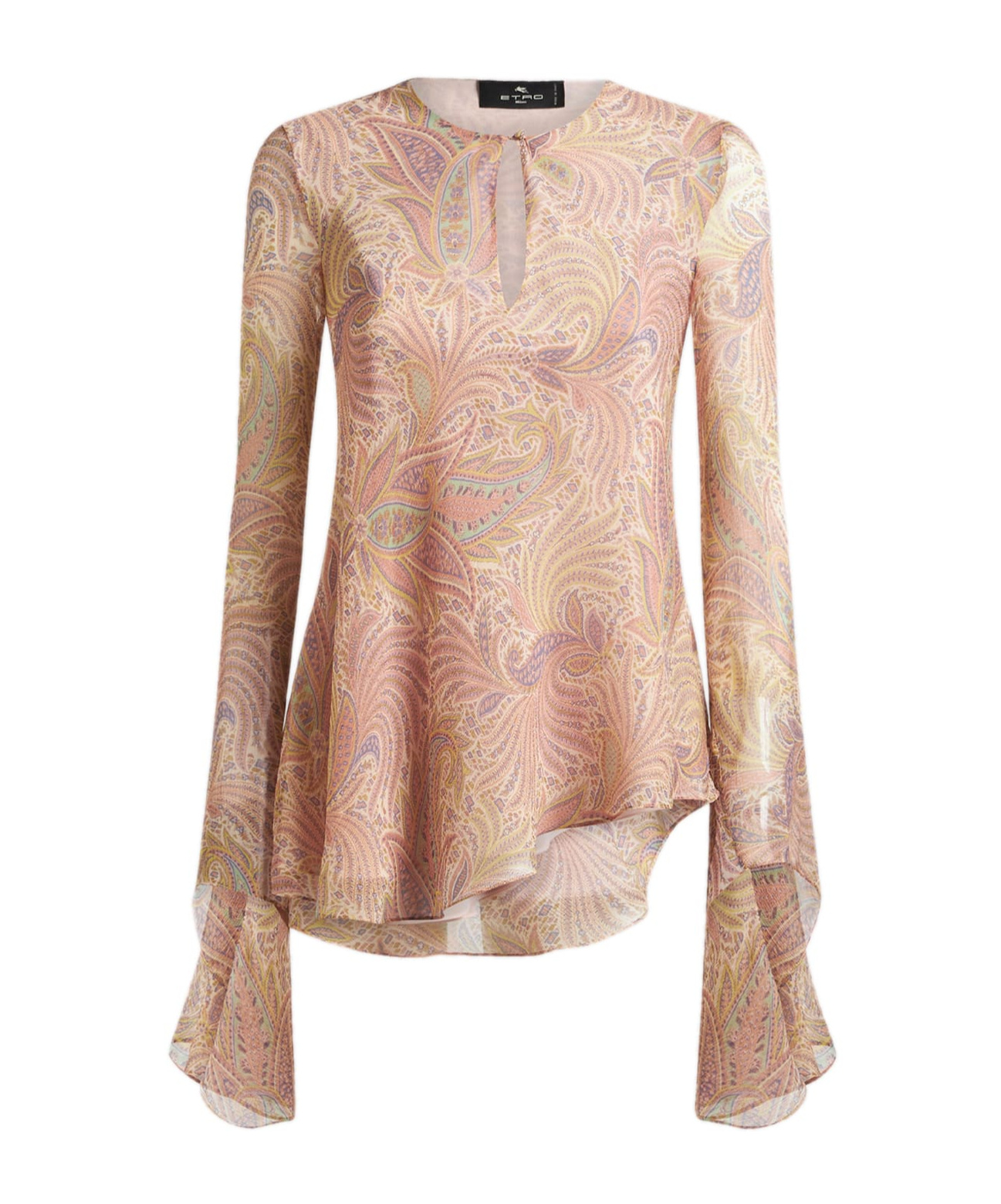 Etro Silk Crepon Top With Intricate Paisley Foliage Print In Nude