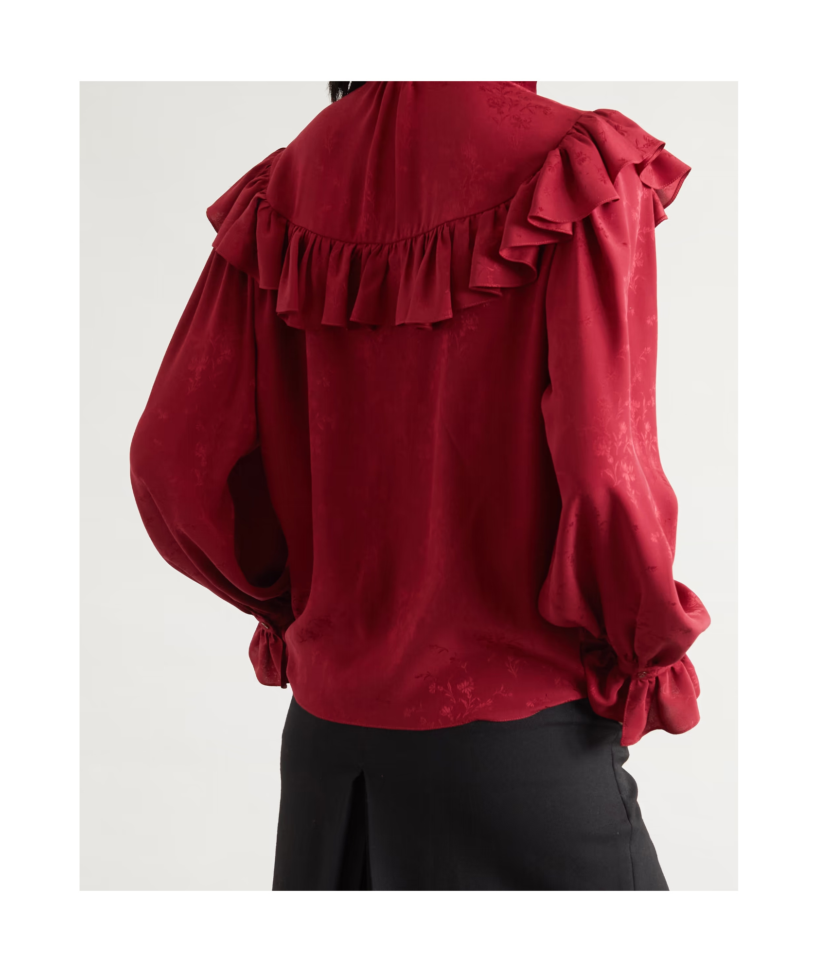 Saint Laurent Ruffled Floral Silk-jacquard Blouse In Red