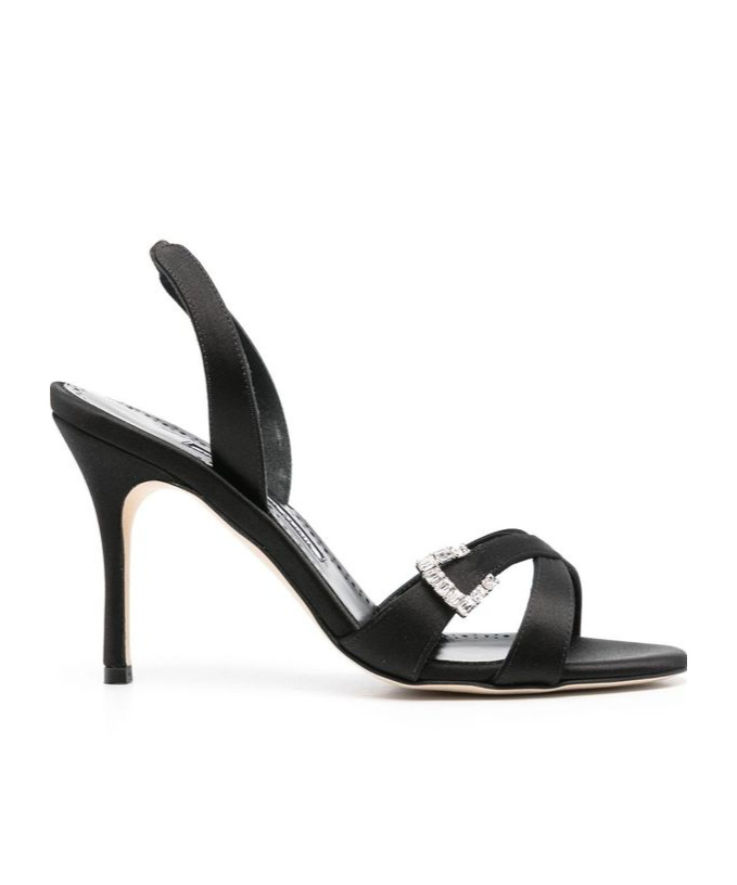 Manolo Blahnik Ramisli 90 Crystal Buckle Satin Sandals In Black