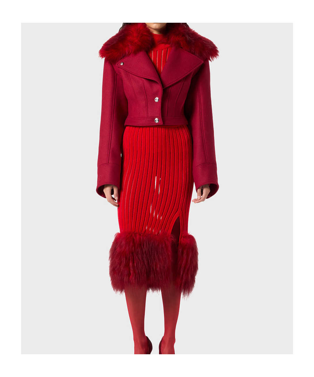 Blumarine Faux-fur-collar Cropped Jacket In Burgundy