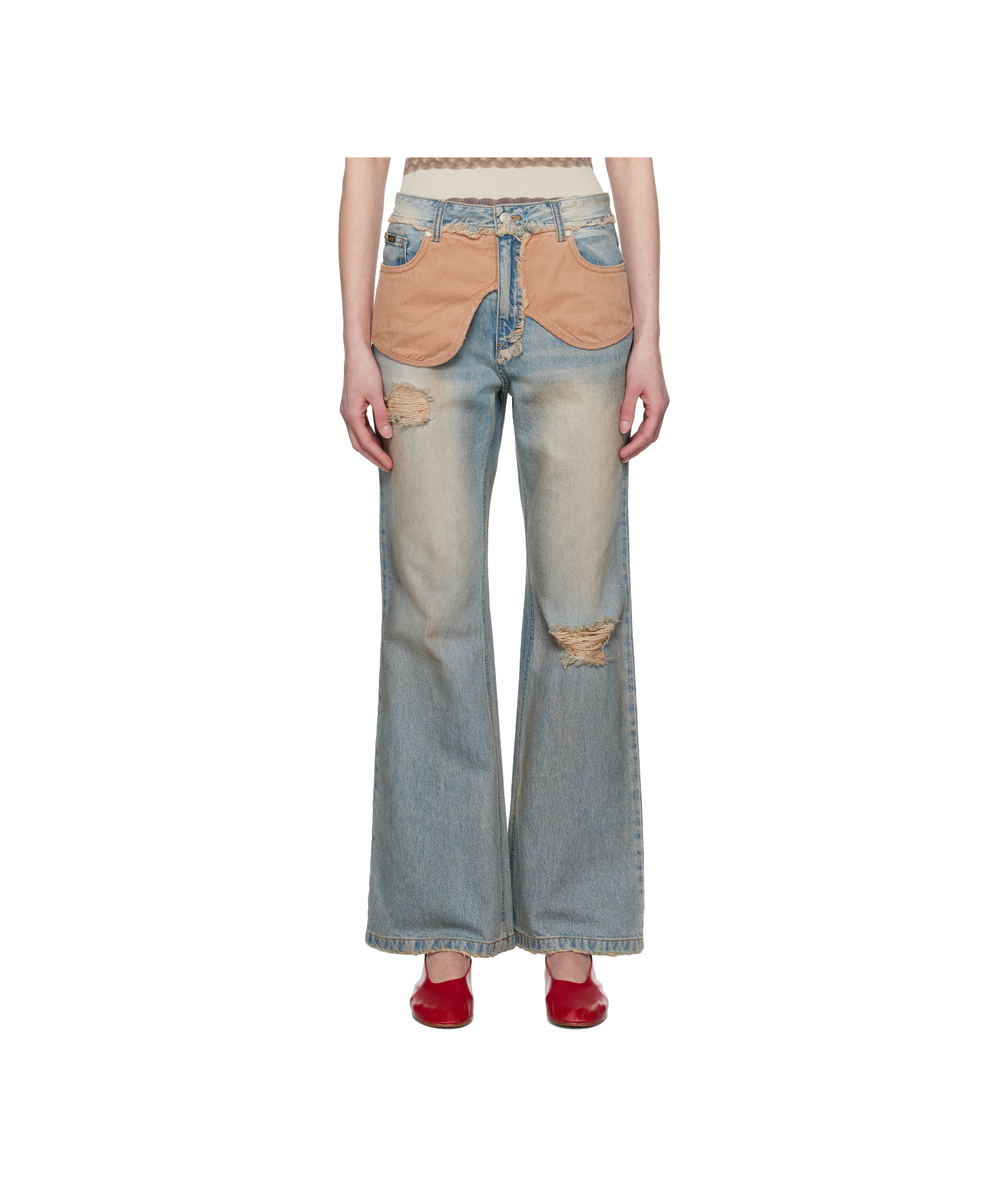 Andersson Bell Blue Deconstructed Dirty Wash Bootcut Jeans In Washed Blue