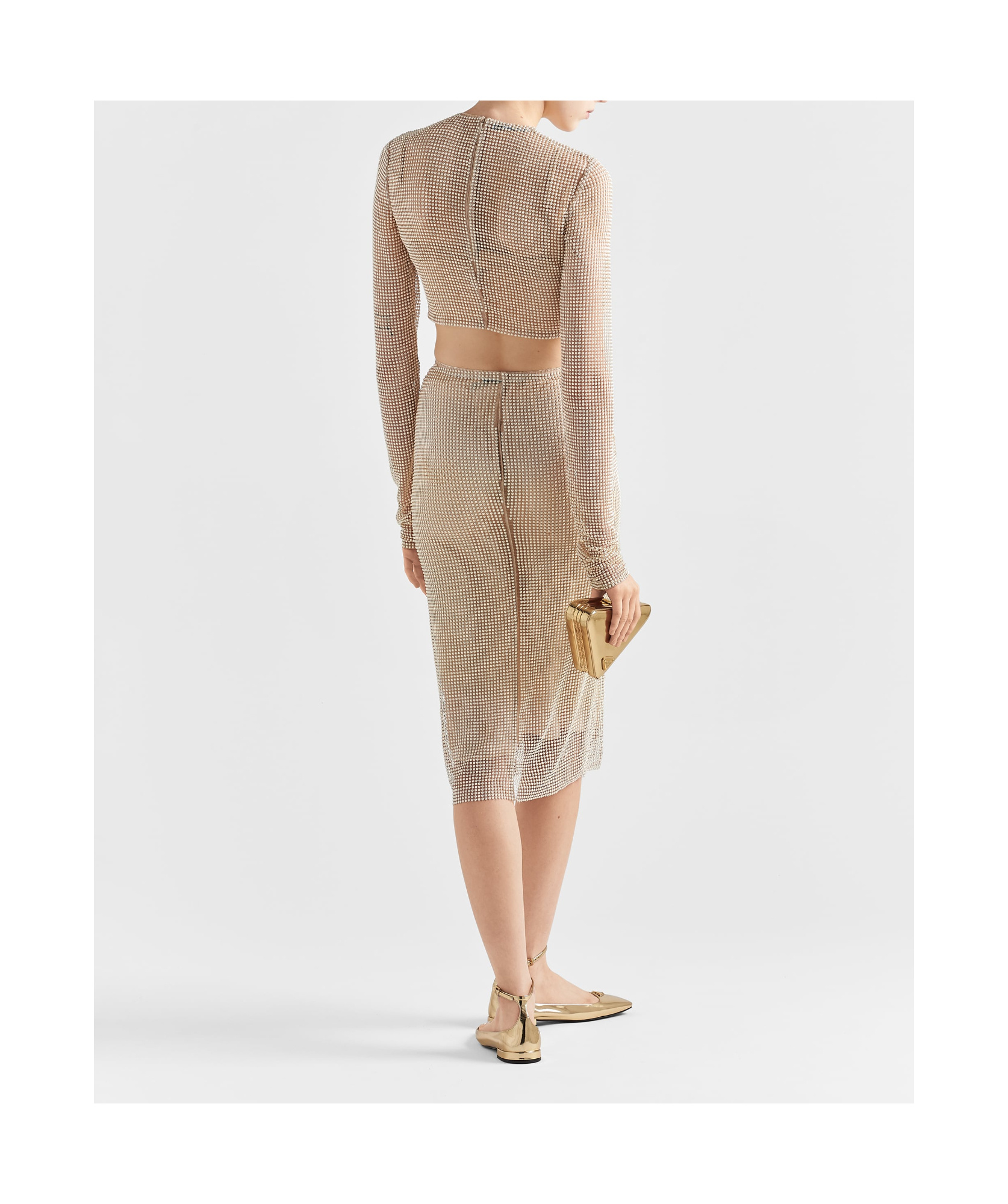 Prada Mesh Top With Embroidered Pearls In Ivory