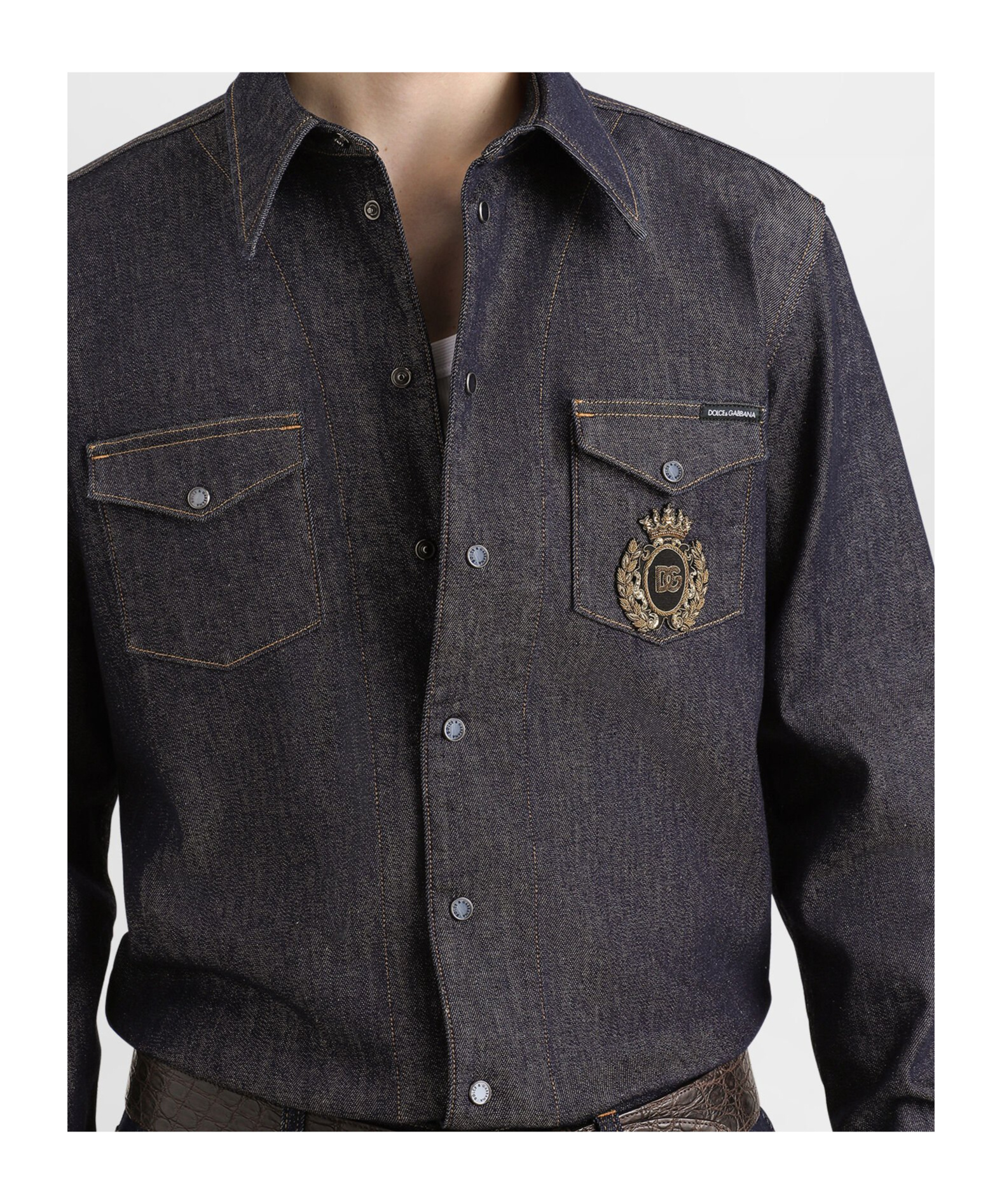 Dolce & Gabbana Denim Shirt With Heraldic Emblem In Black