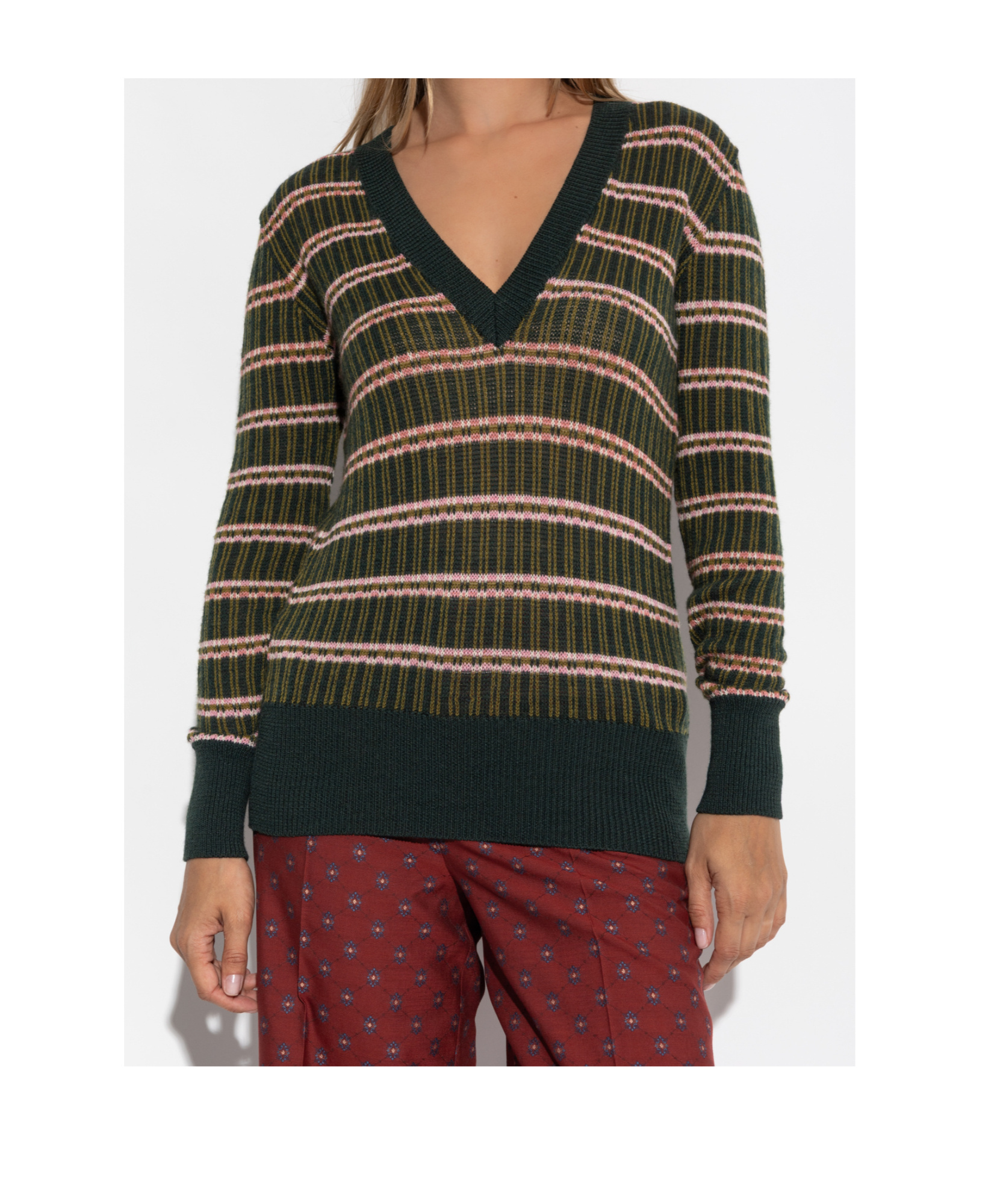 Etro Striped V-neck Sweater In Green